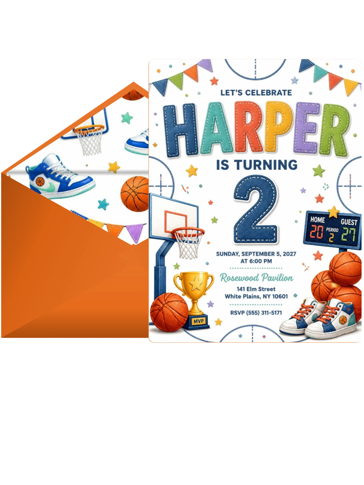 Stitched Basketball 2nd Birthday Invitation