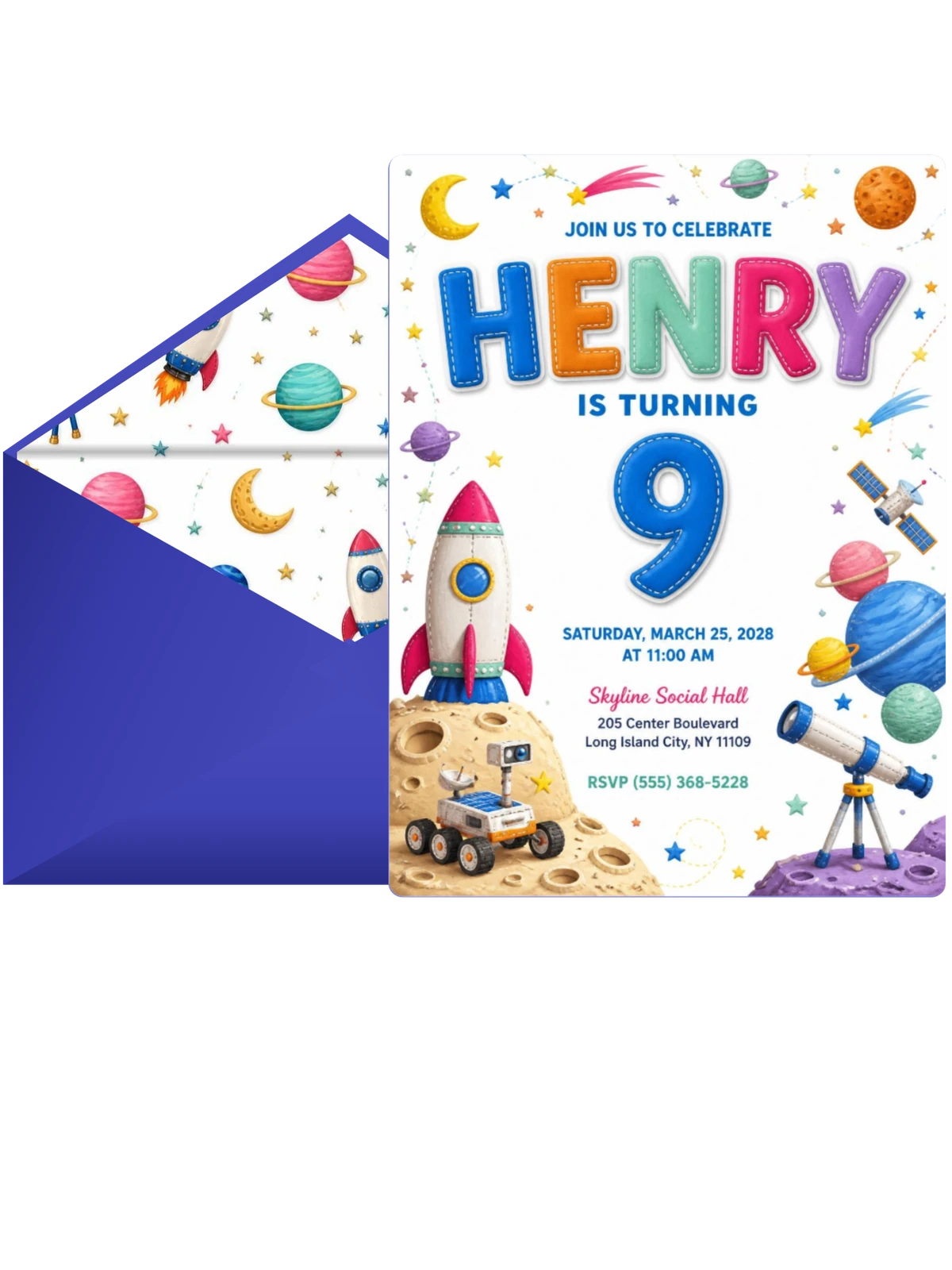 Stitched Space 9th Birthday Invitation
