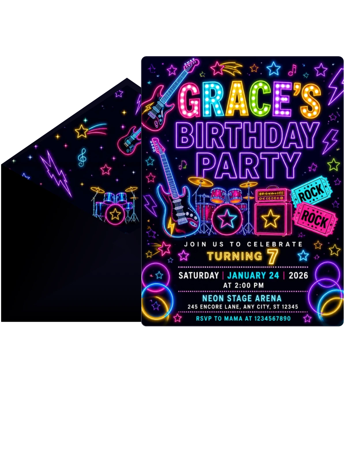 Neon Rock Star 7th Birthday Invitation