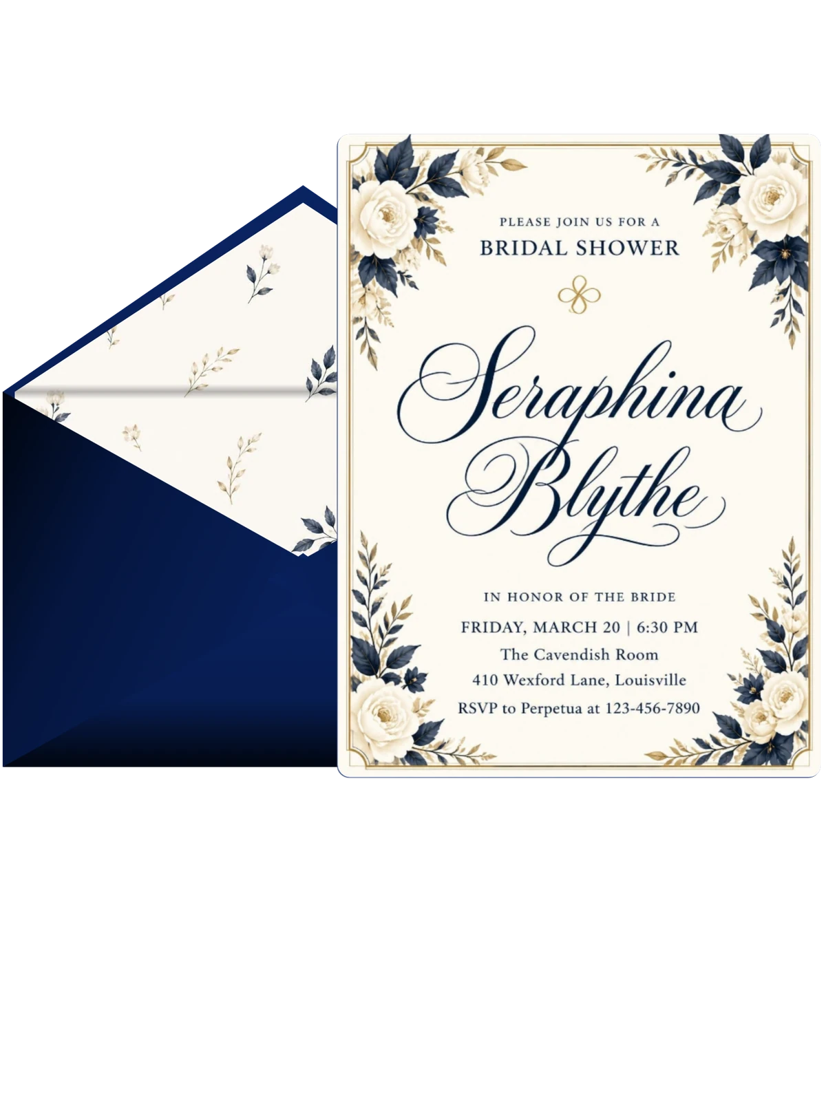 Navy Floral Gold Border Bridal Shower