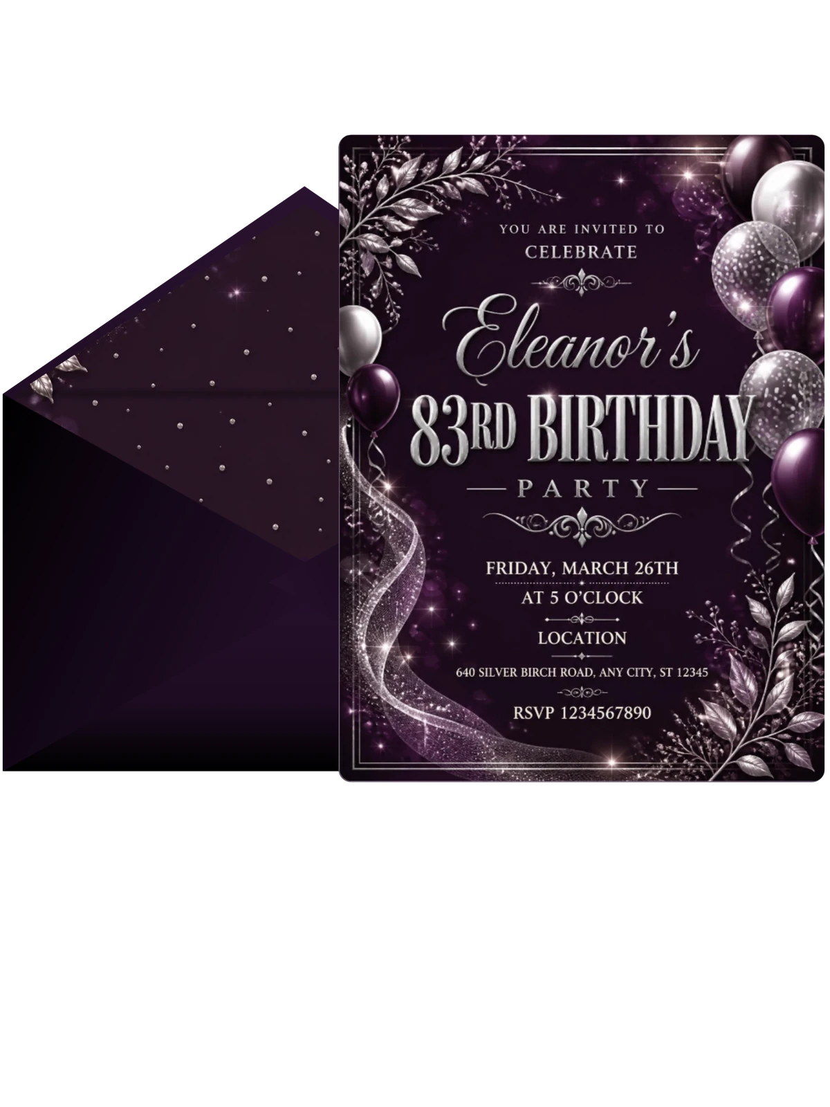 Plum and Silver 83rd Birthday Invitation