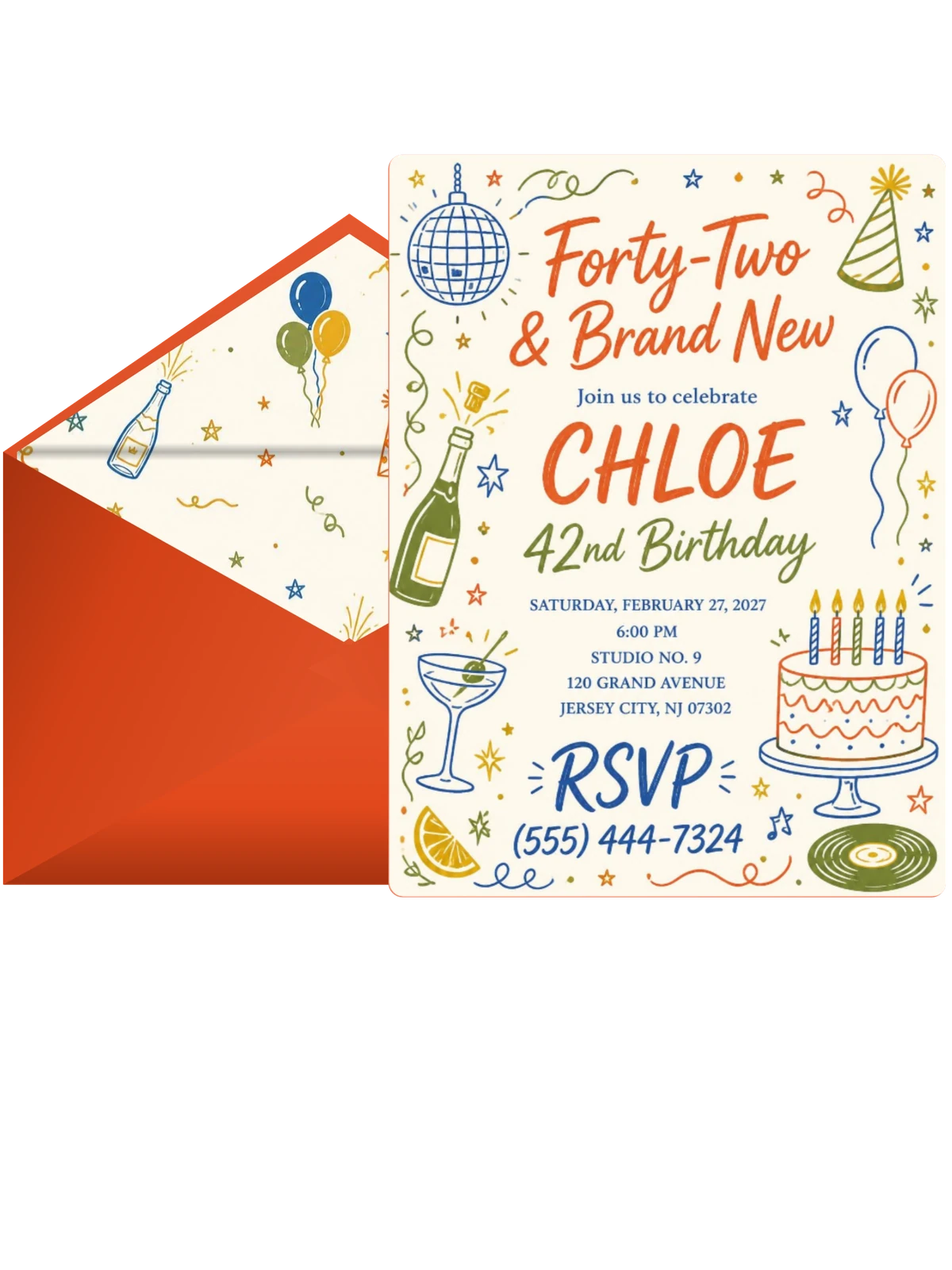 Retro Doodle 42nd Birthday Invitation