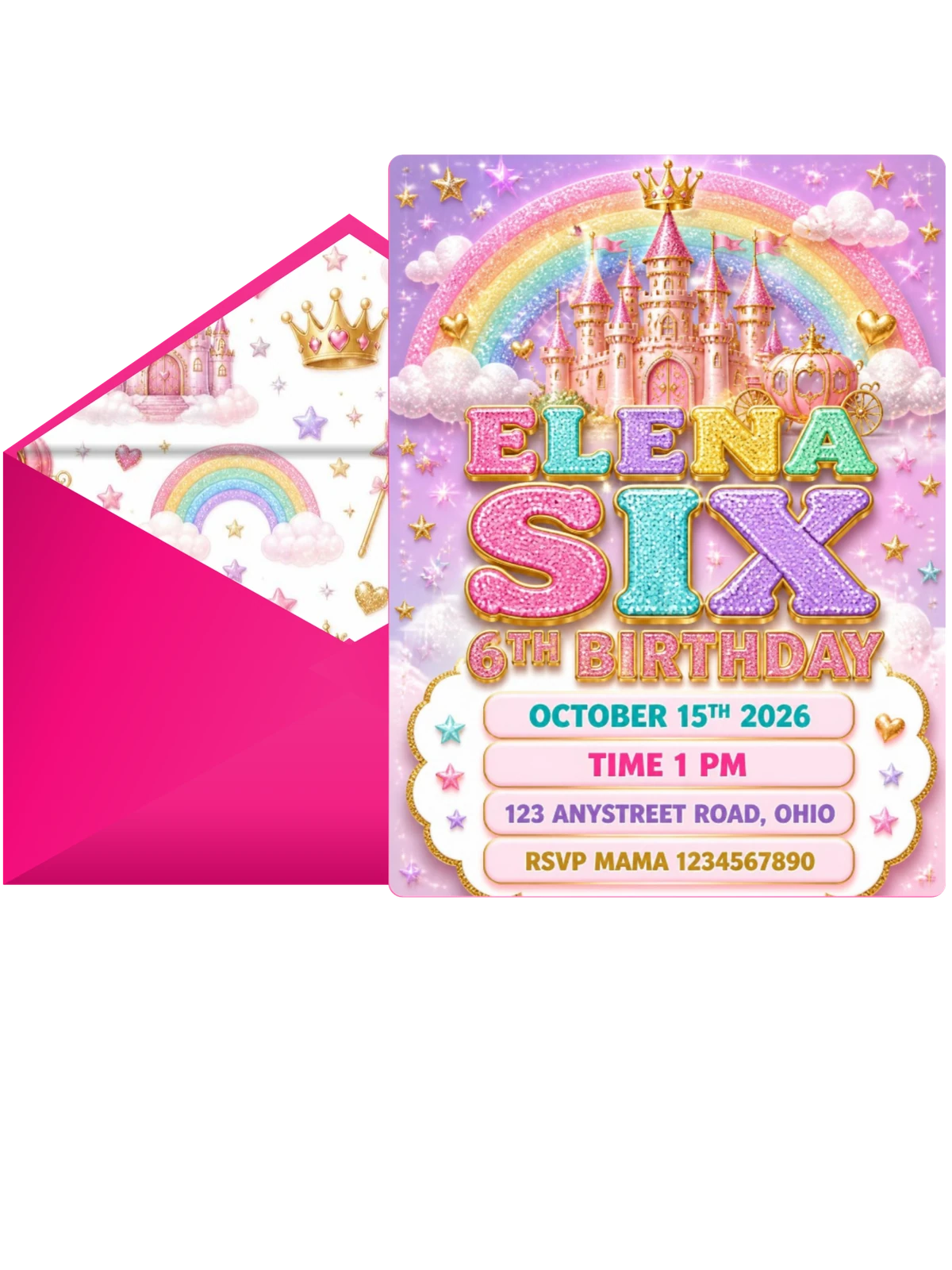 Glitter Princess Castle 6th Birthday Invitation