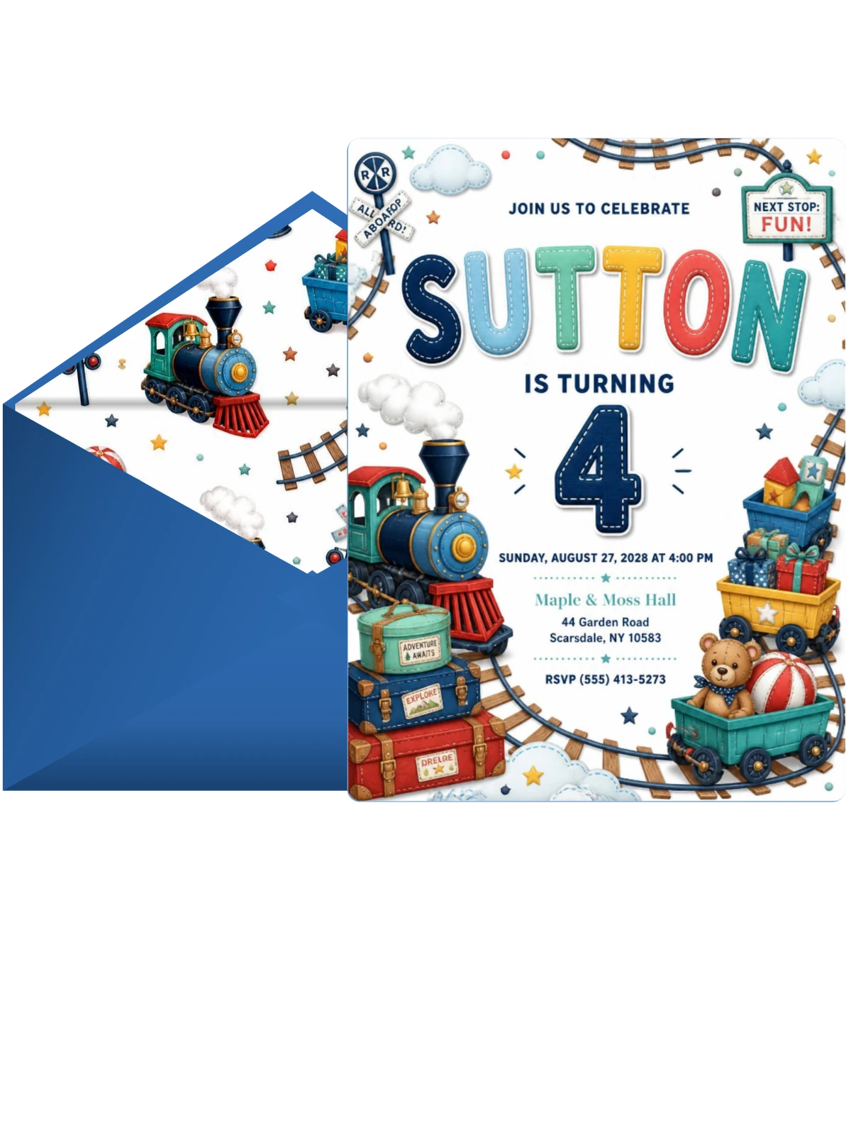 Stitched Train 4th Birthday Invitation