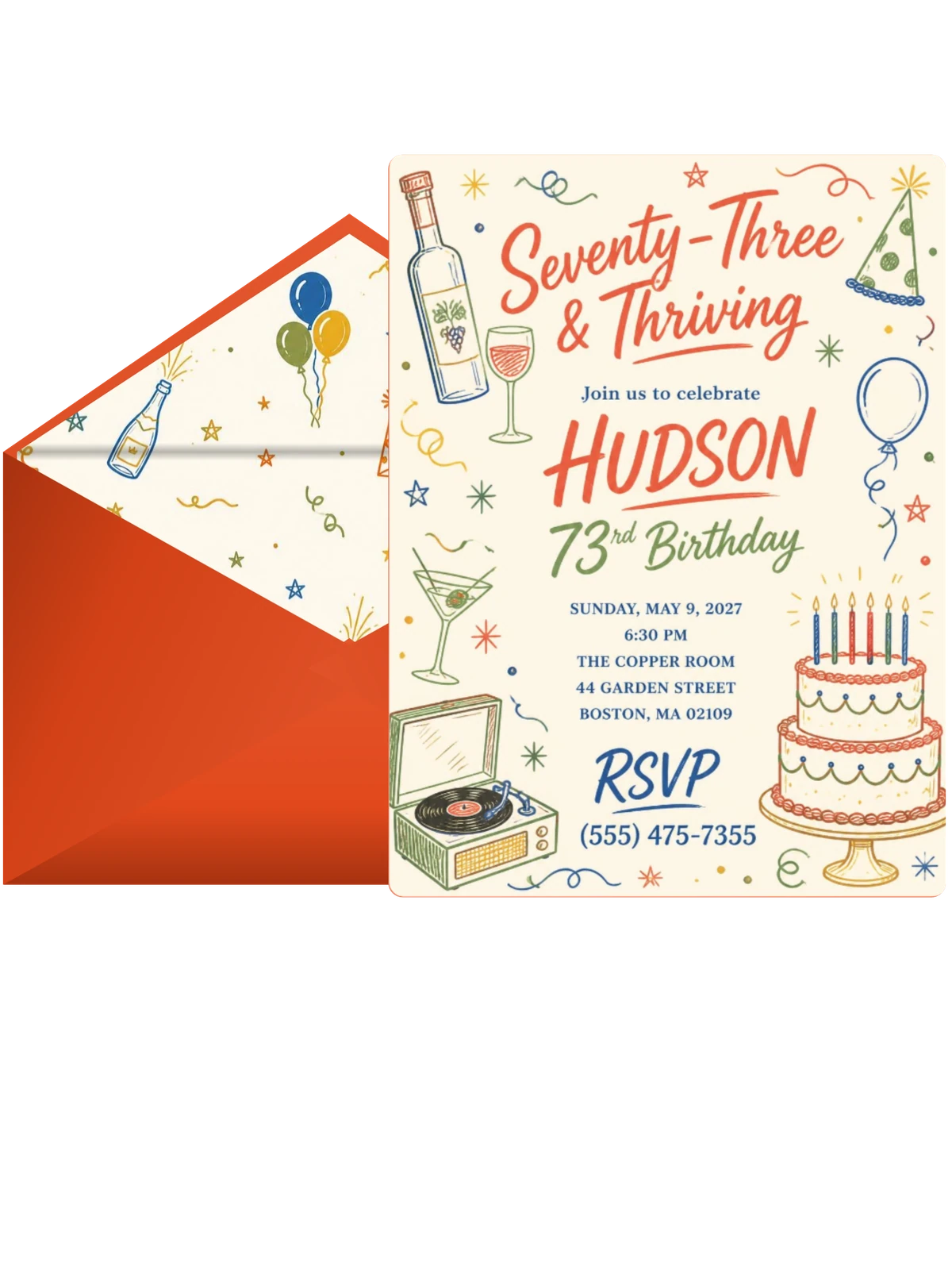 Retro Doodle 73rd Birthday Invitation
