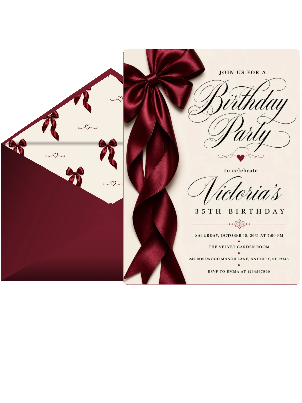 Burgundy Satin Bow 35th Birthday Invitation