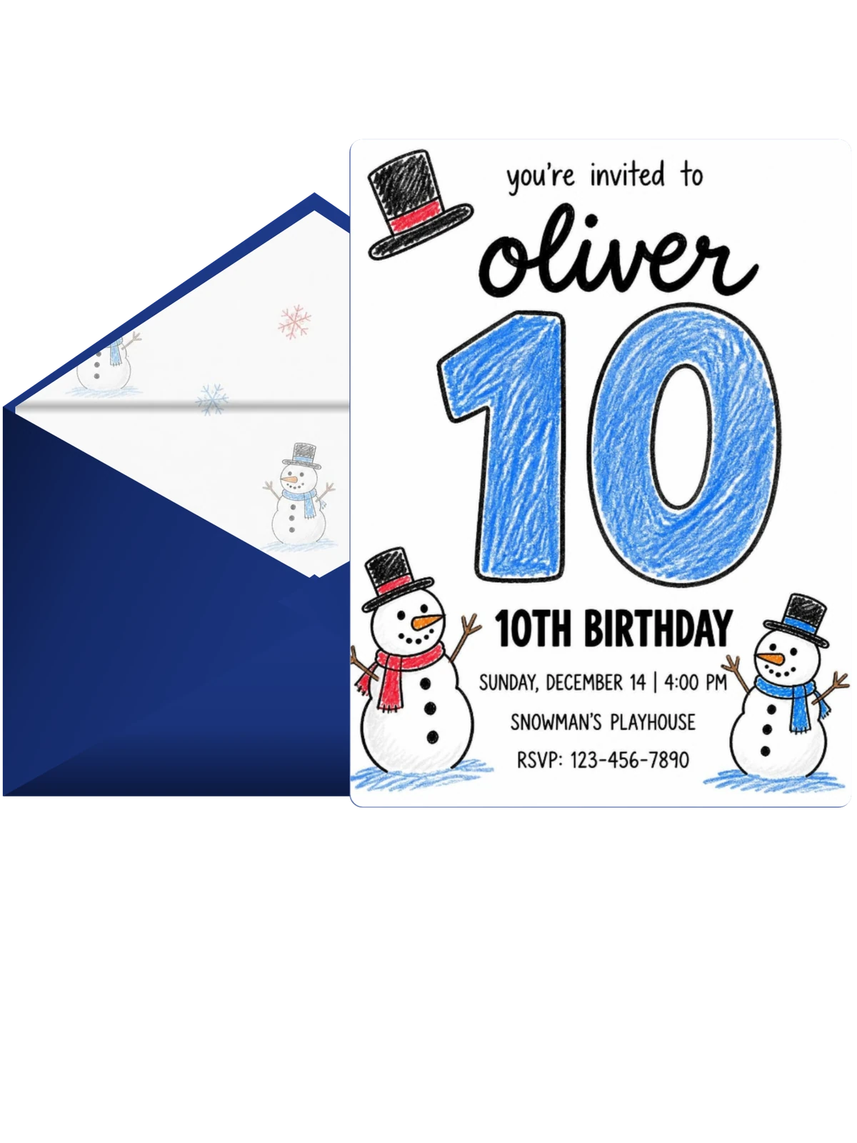 Colored Pencil Snowman 10th Birthday Invitation