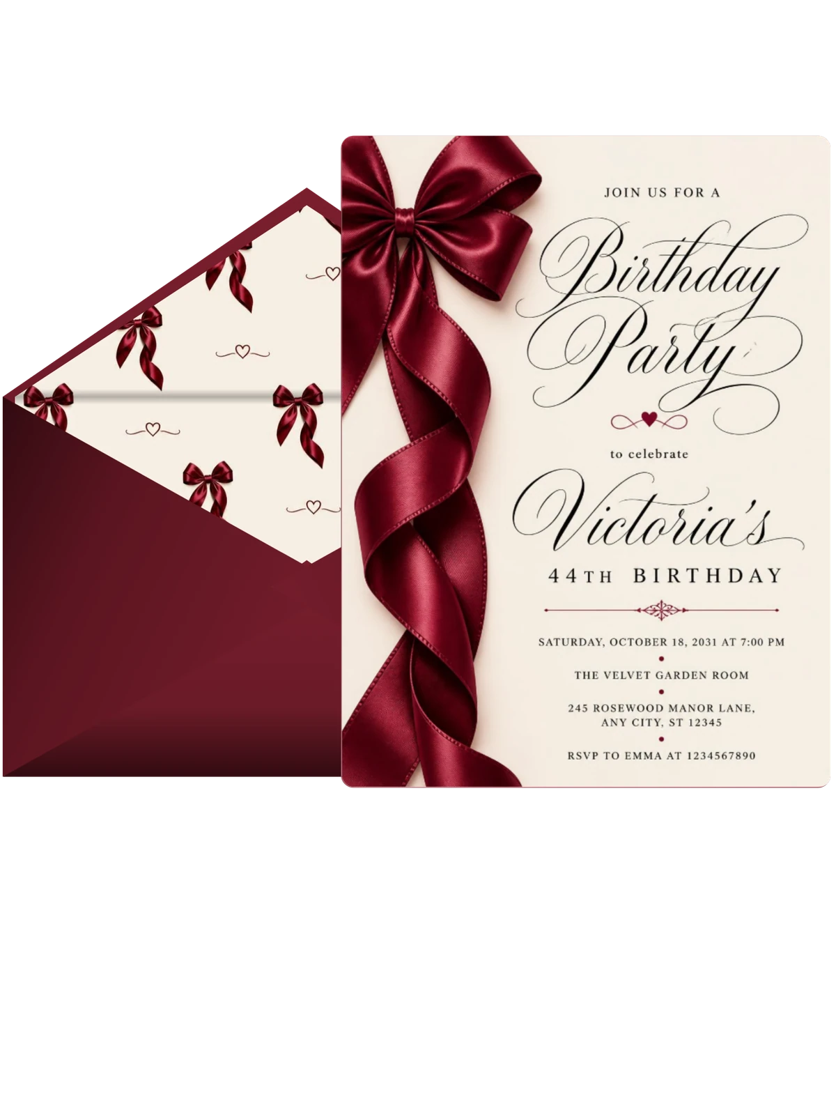 Burgundy Satin Bow 44th Birthday Invitation