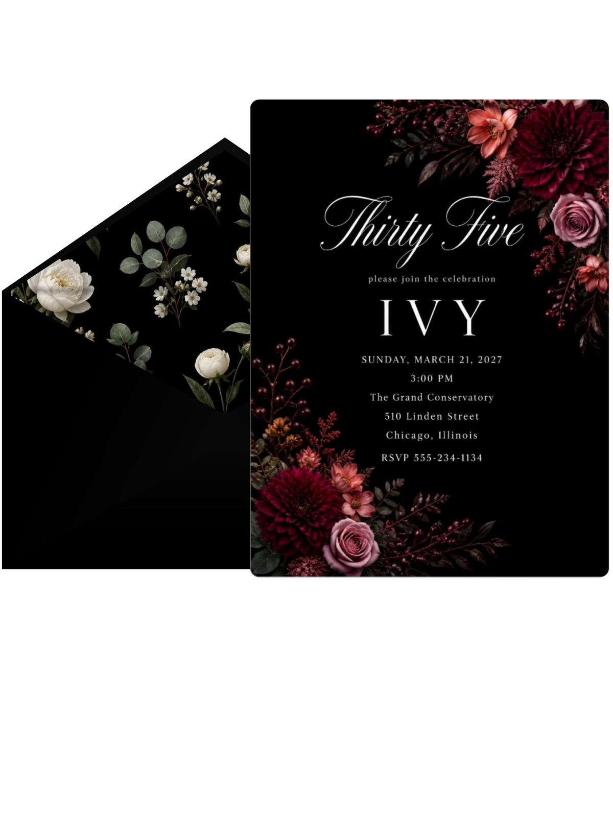 Black Floral 35th Birthday Invitation