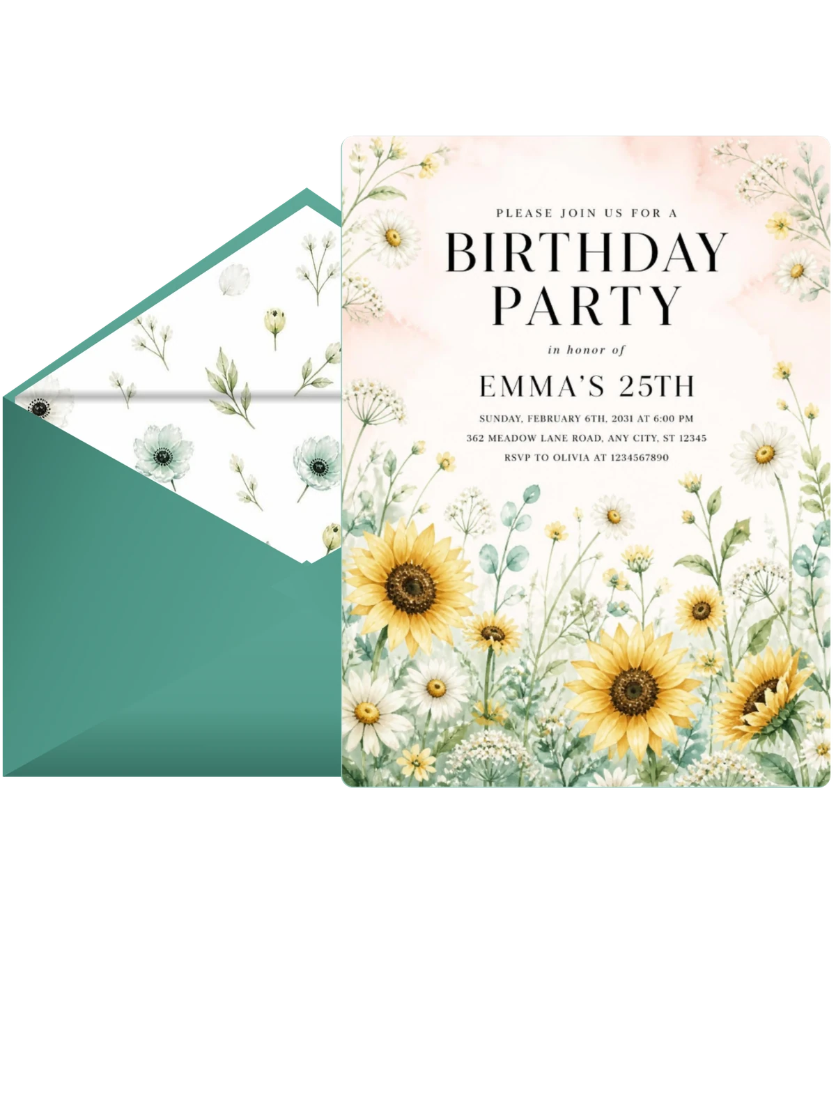 Sunflowers Mint 25th Birthday Invitation