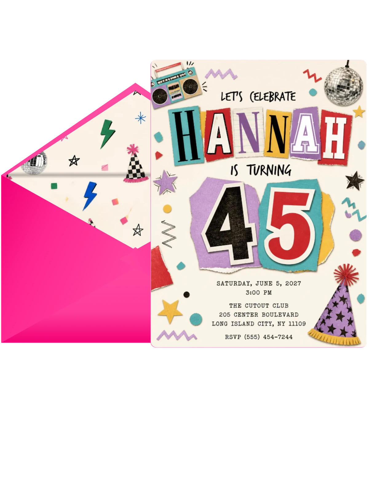 Retro Paper Collage 45th Birthday Invitation