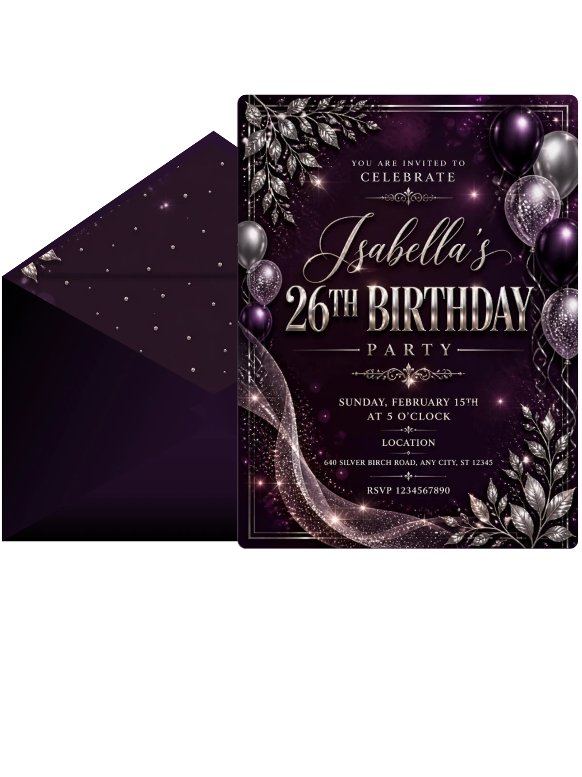 Plum and Silver 26th Birthday Invitation