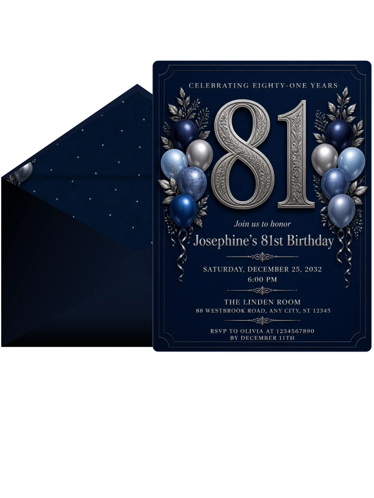Navy and Silver 81st Birthday Invitation