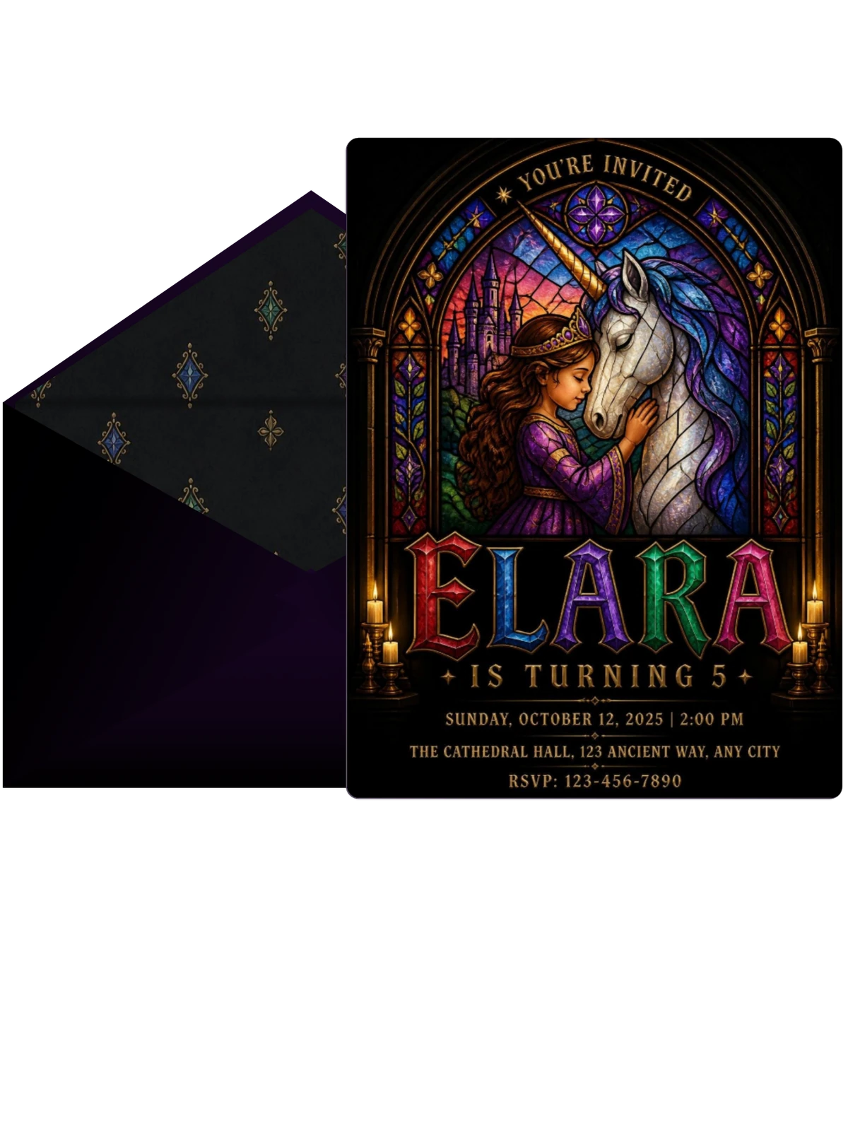 Stained Glass Unicorn Princess 5th Birthday Invitation