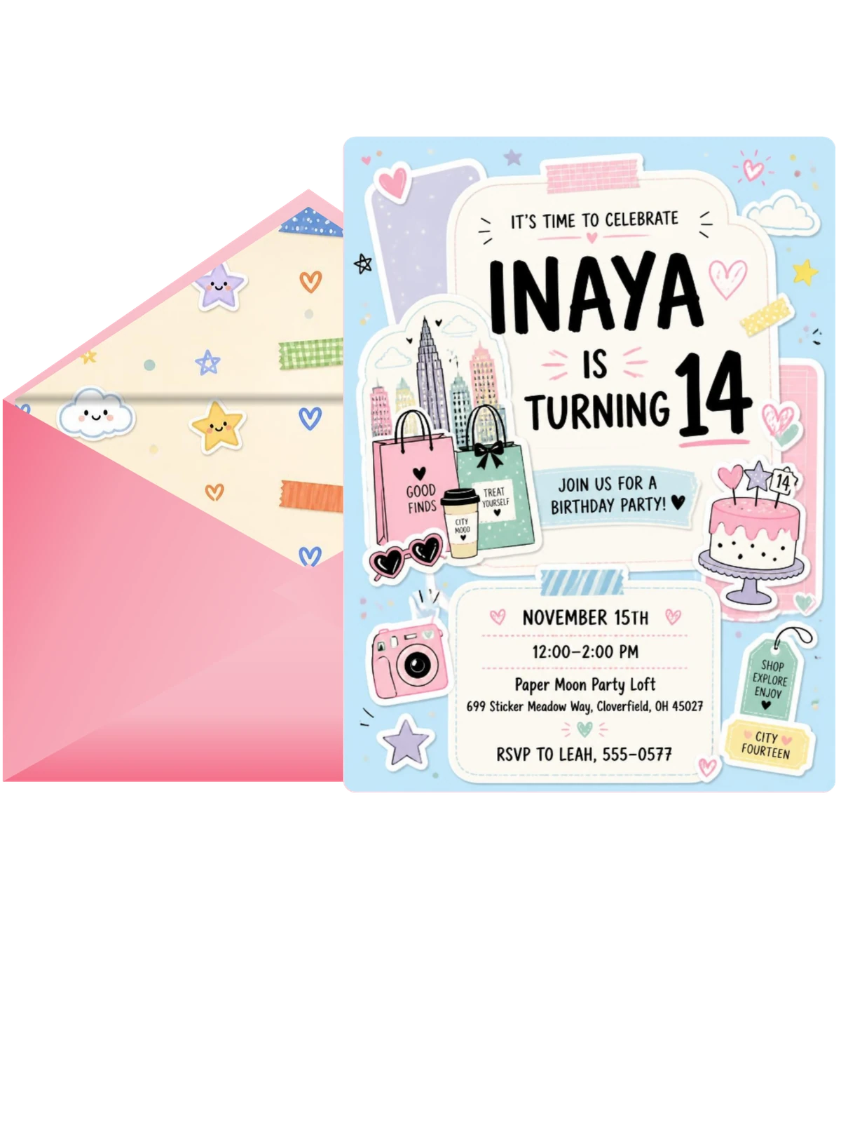 Shopping Bags Pastel 14th Birthday Invitation