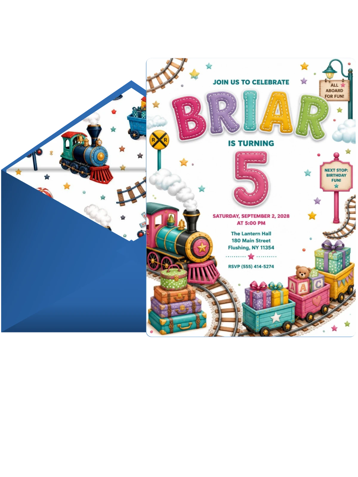 Stitched Train 5th Birthday Invitation