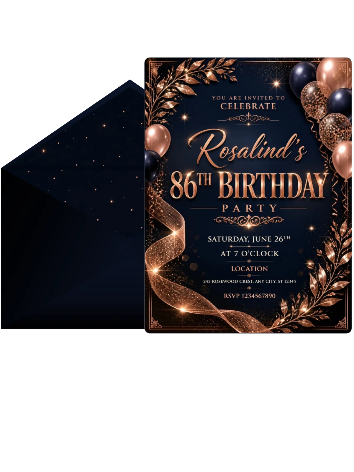 Navy and Rose Gold 86th Birthday Invitation
