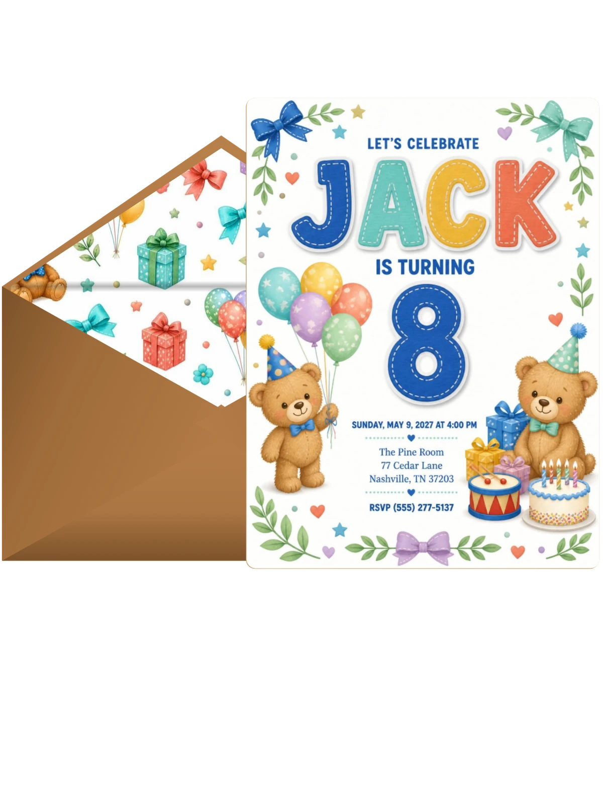 Stitched Teddy Bear 8th Birthday Invitation