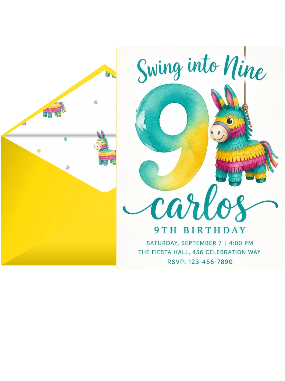 Watercolor Piñata 9th Birthday Invite