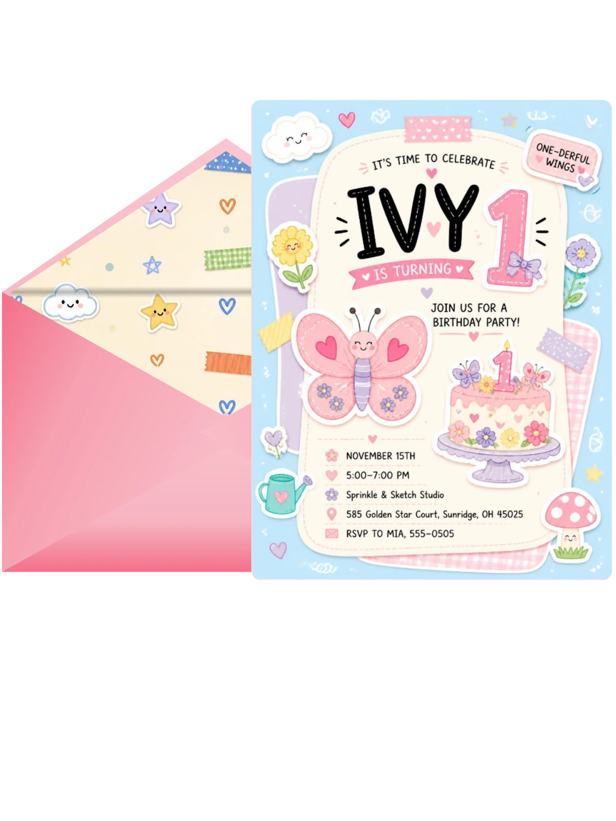 Pink Butterfly Pastel 1st Birthday Invitation
