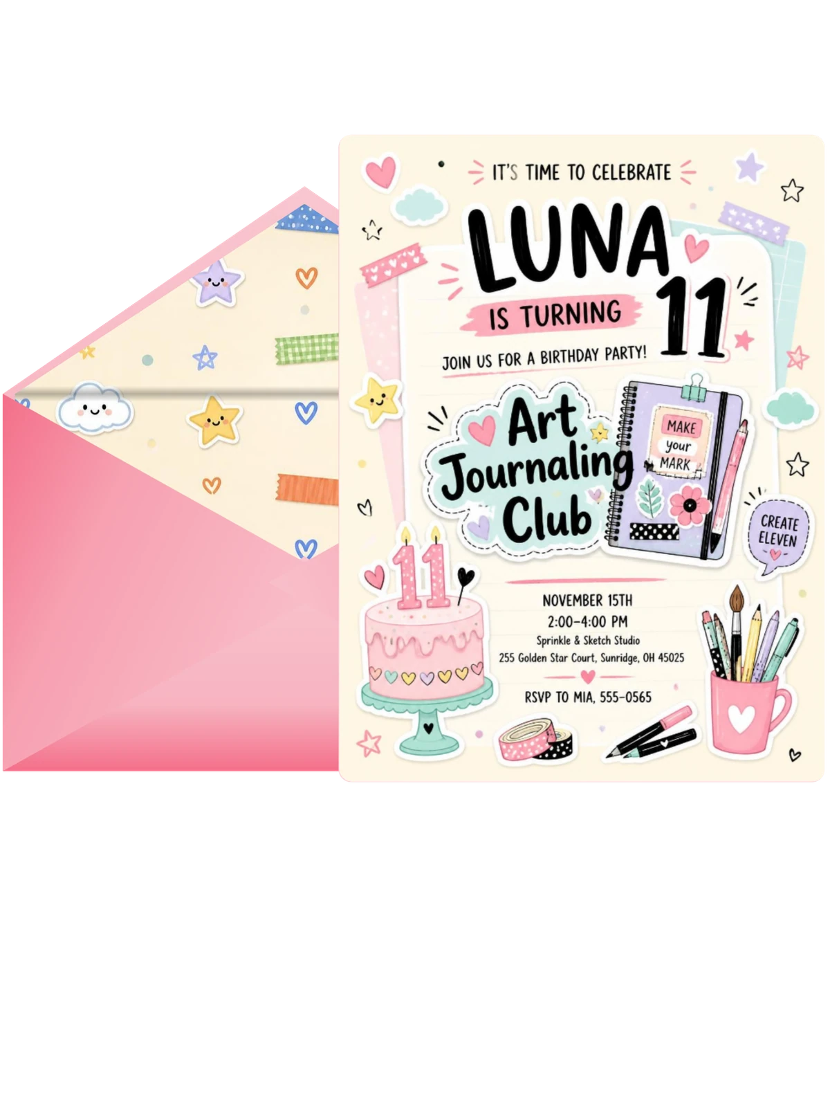 Art Notebook Pastel 11th Birthday Invitation