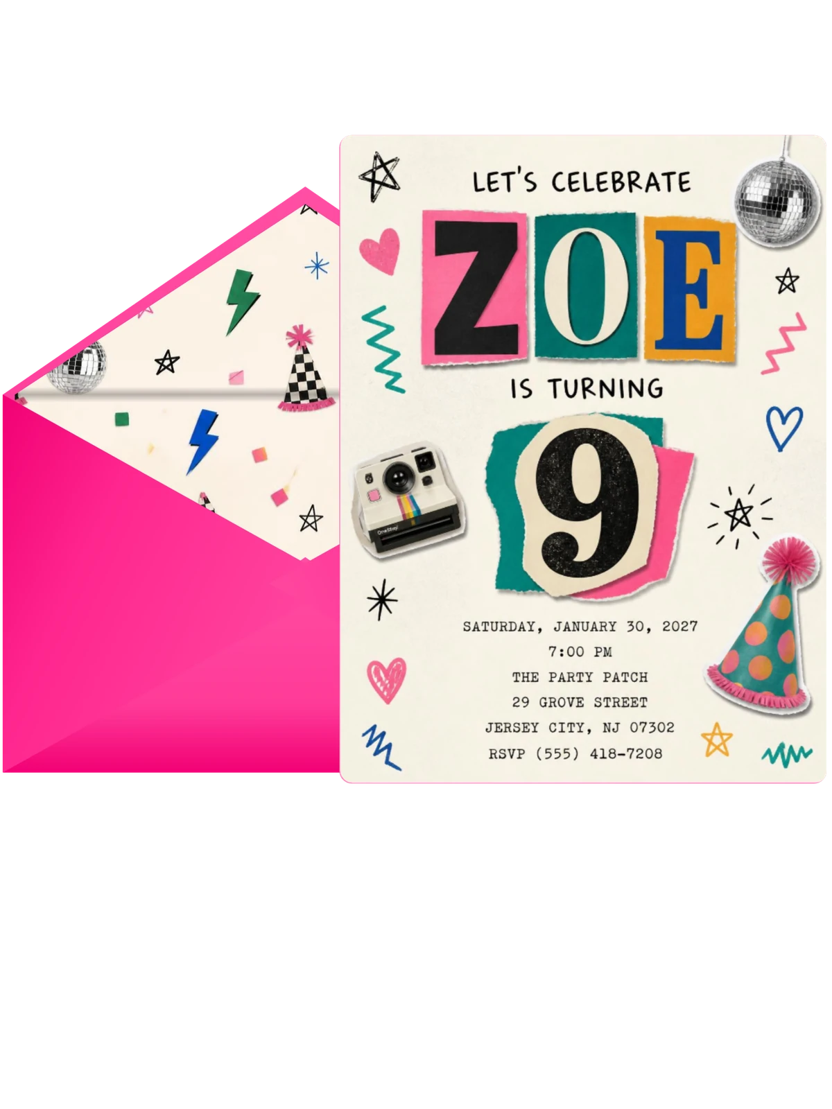 Retro Paper Collage 9th Birthday Invitation