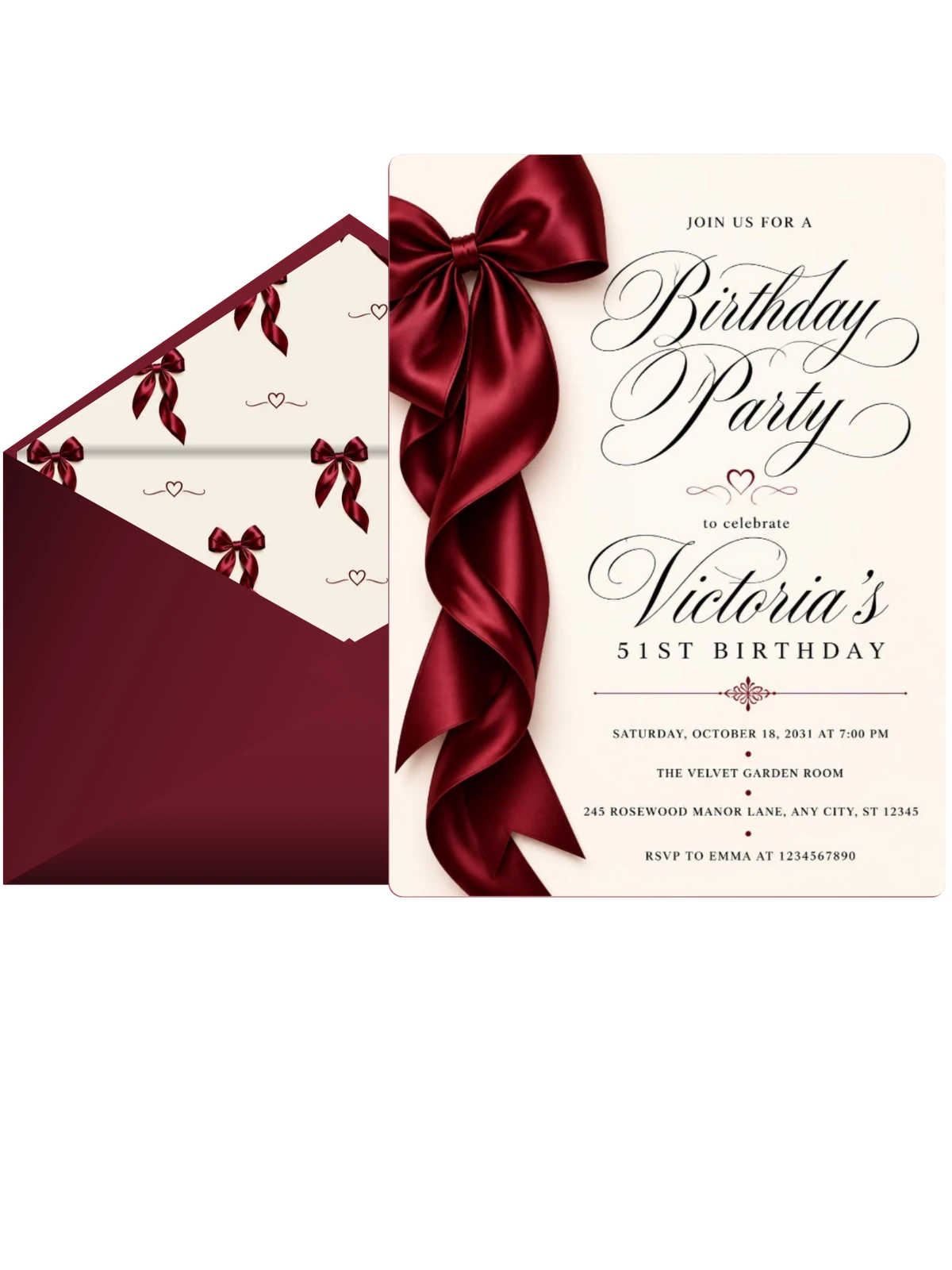 Burgundy Satin Bow 51st Birthday Invitation