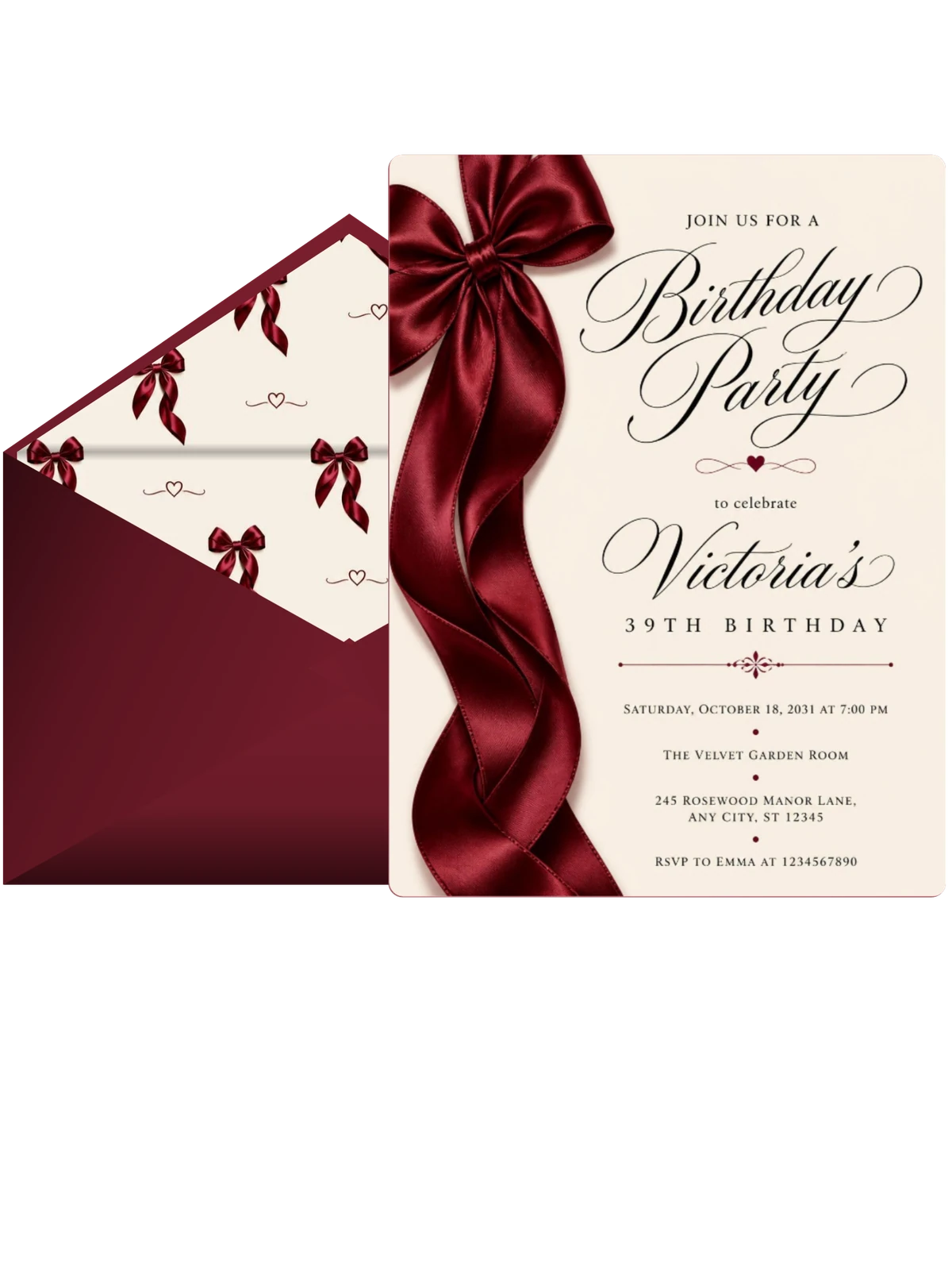 Burgundy Satin Bow 39th Birthday Invitation
