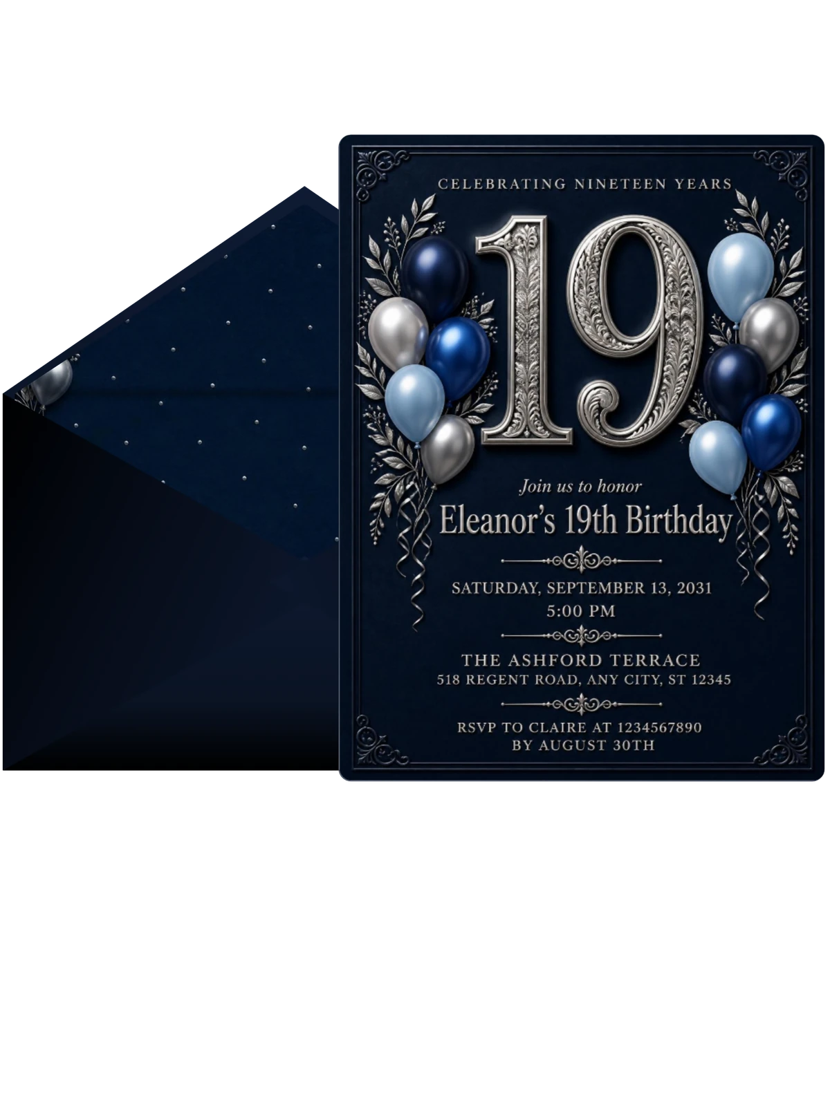 Navy and Silver 19th Birthday Invitation