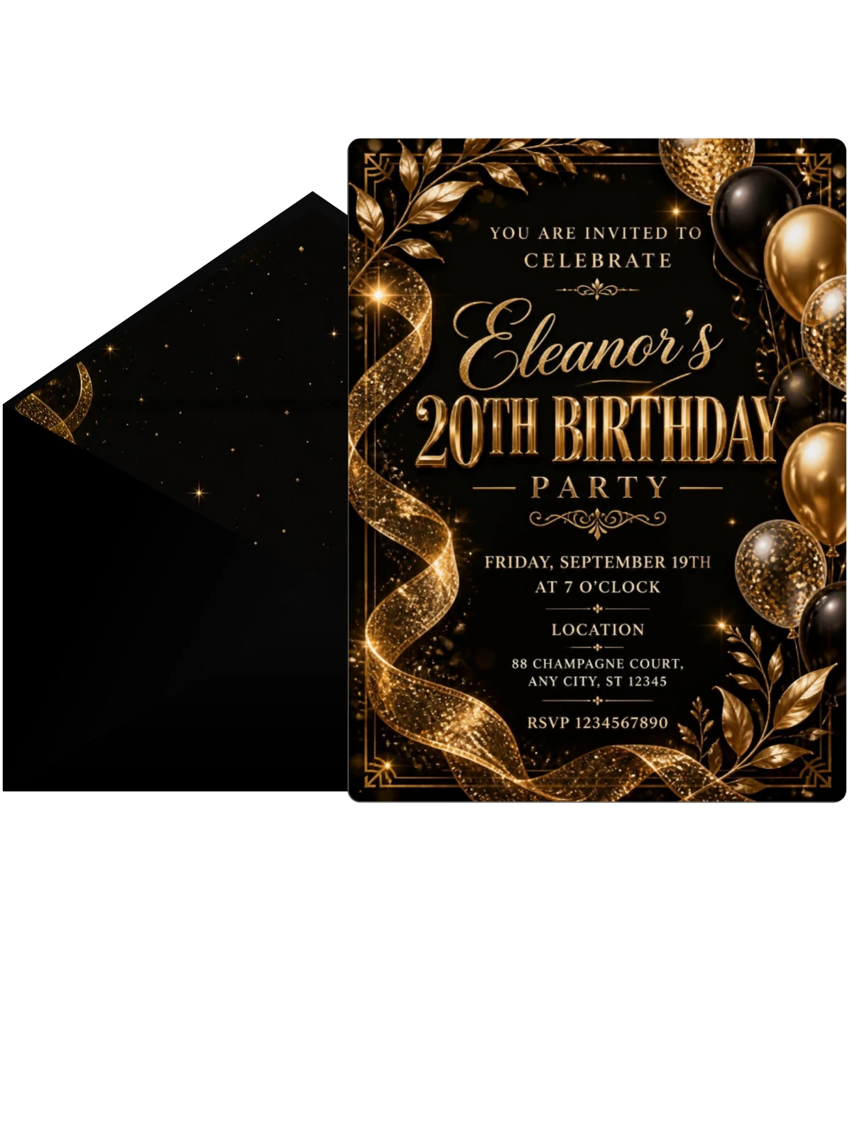 Black and Gold 20th Birthday Invitation