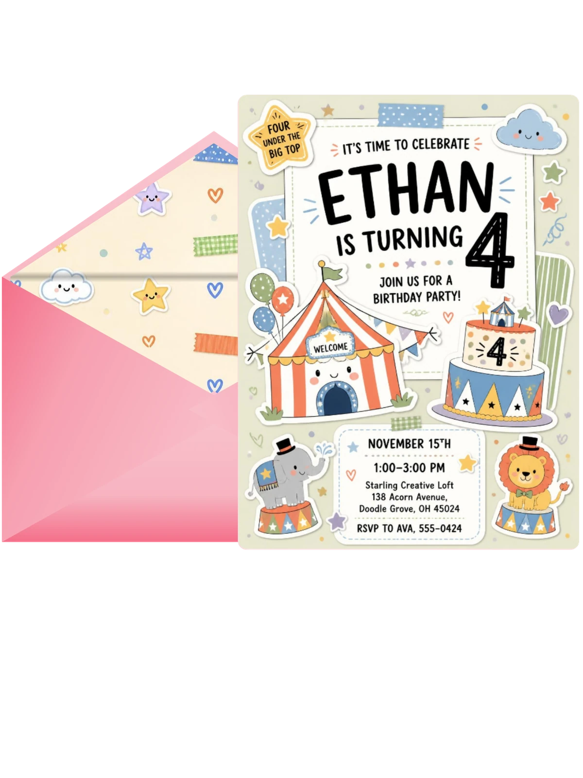 Circus Tent Pastel 4th Birthday Invitation