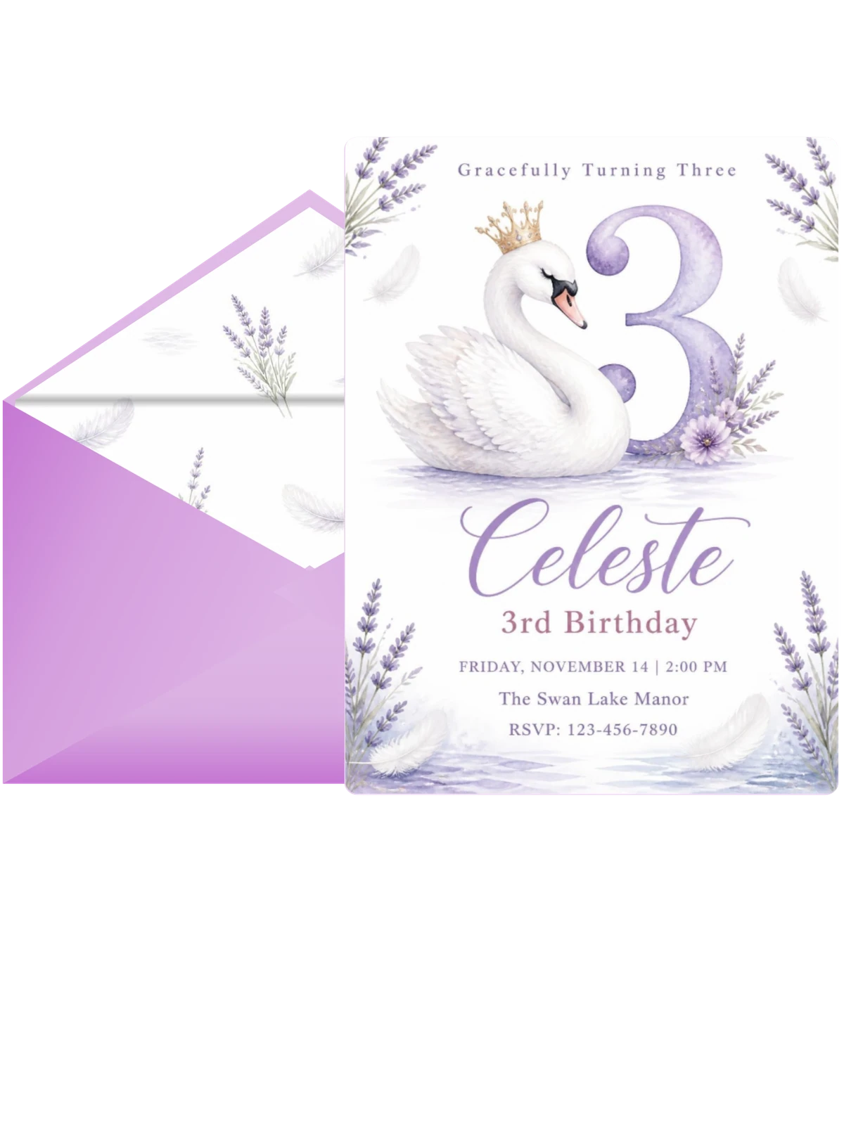 Lavender Swan Watercolor 3rd Birthday