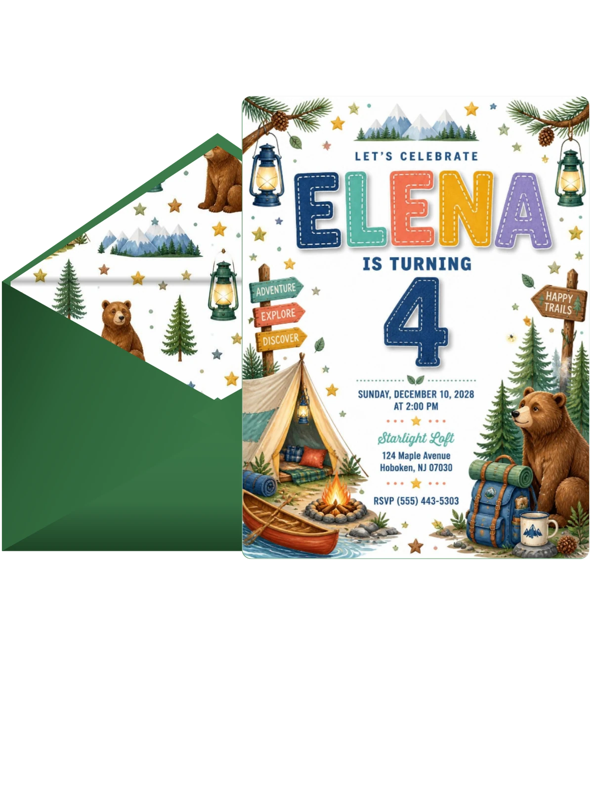 Stitched Camping 4th Birthday Invitation