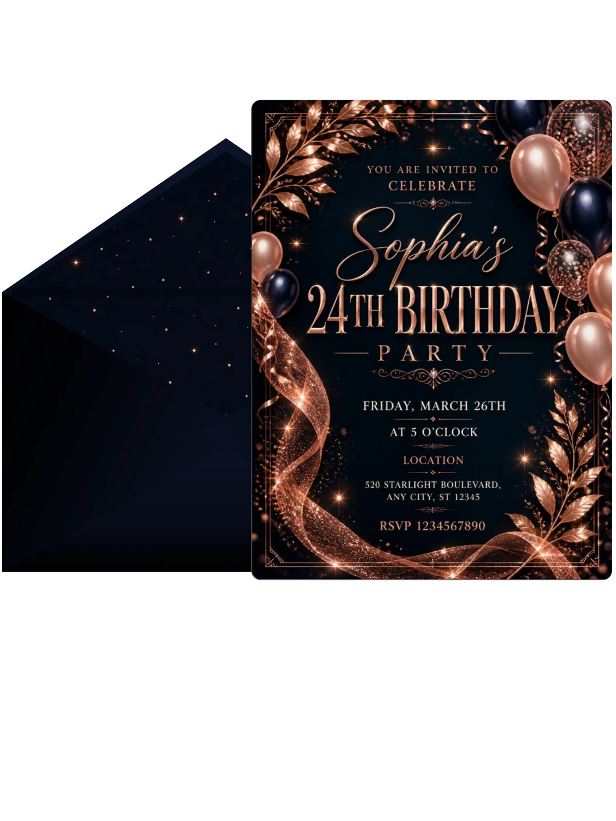 Navy and Rose Gold 24th Birthday Invitation