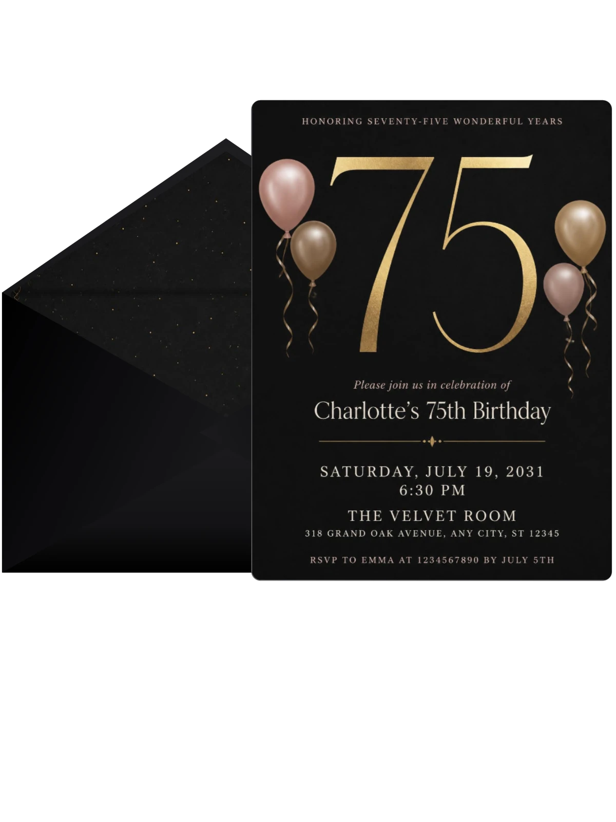 Charcoal and Blush 75th Birthday Invitation