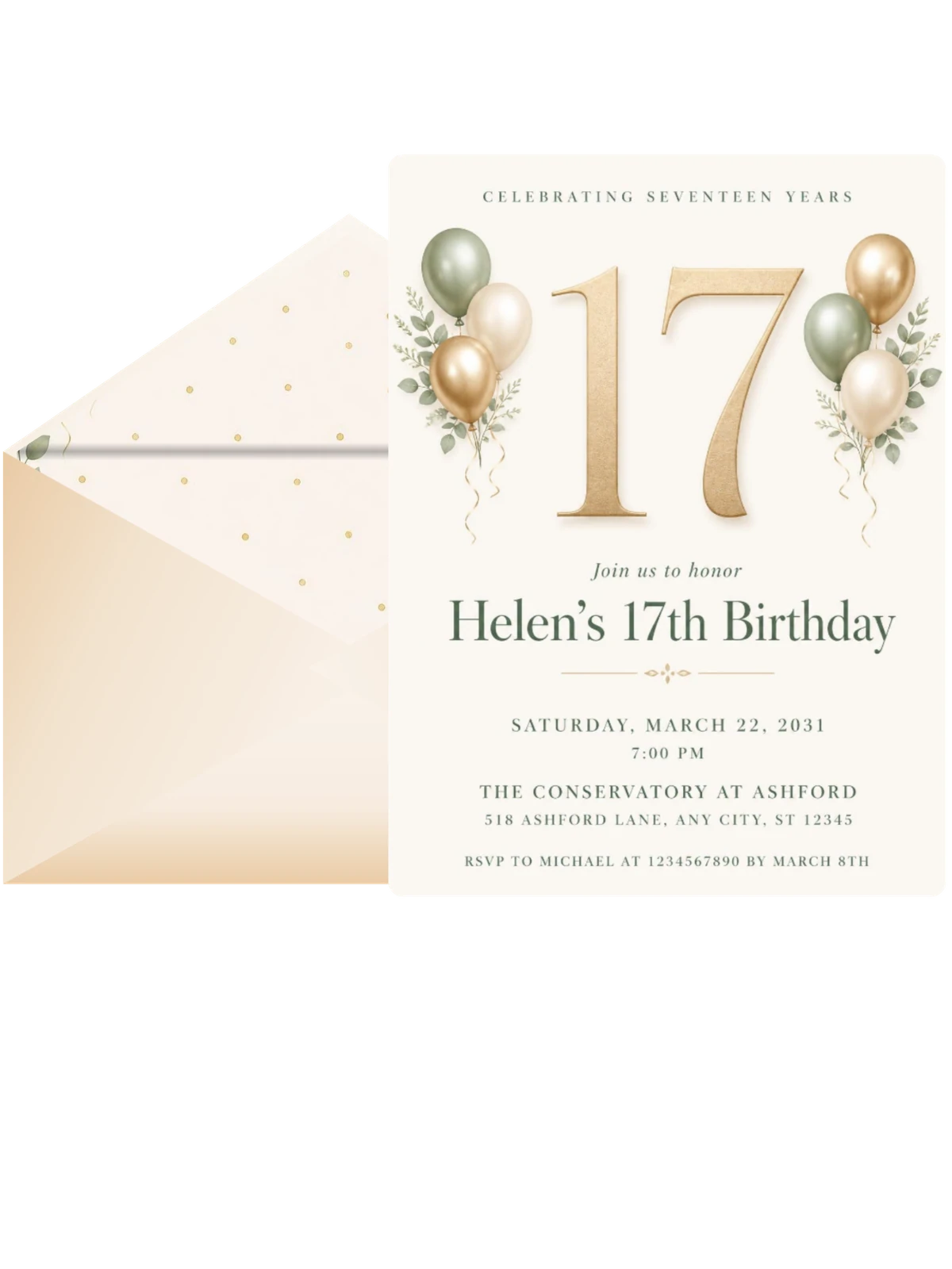 Sage and Ivory 17th Birthday Invitation
