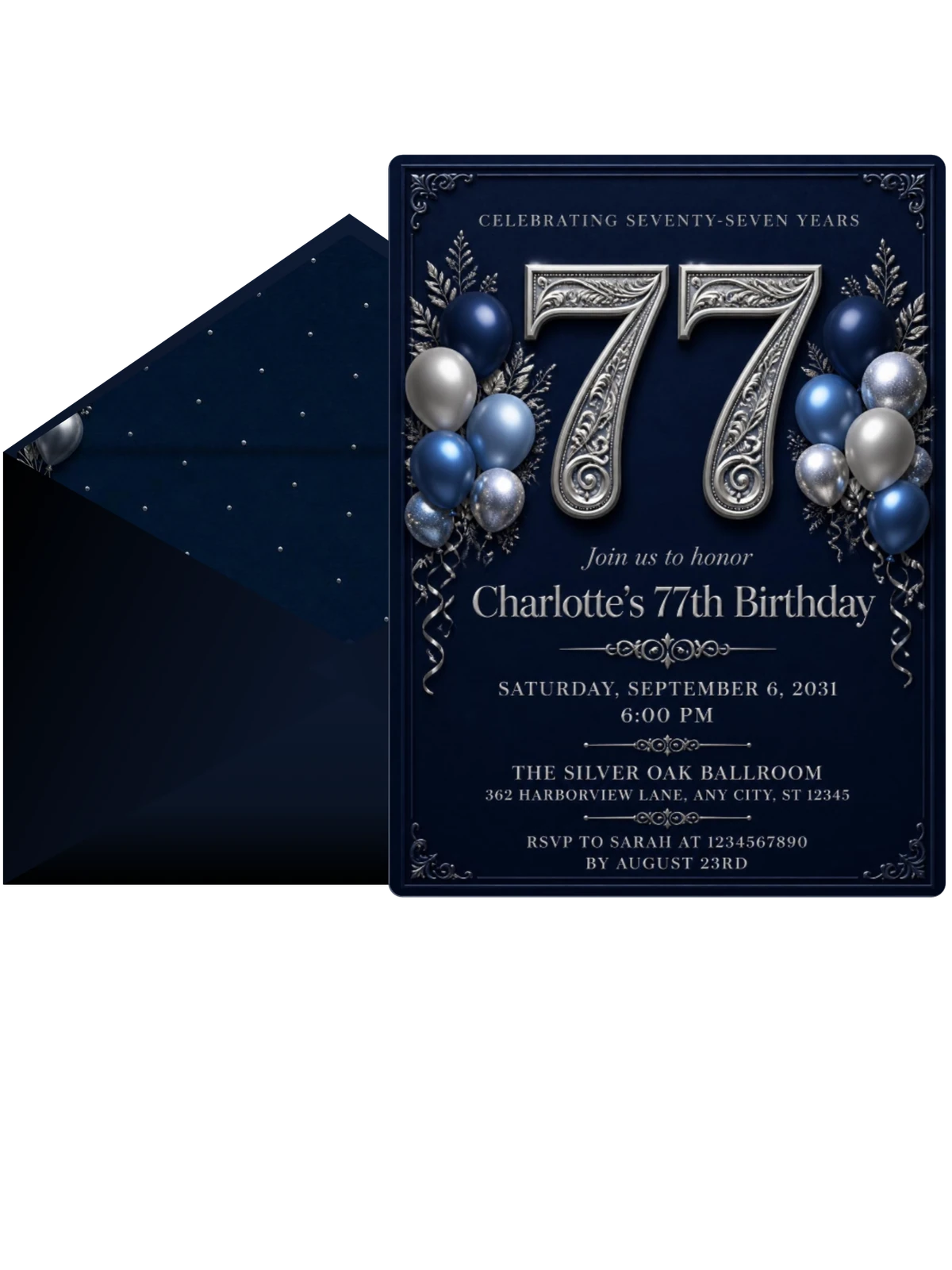 Navy and Silver 77th Birthday Invitation