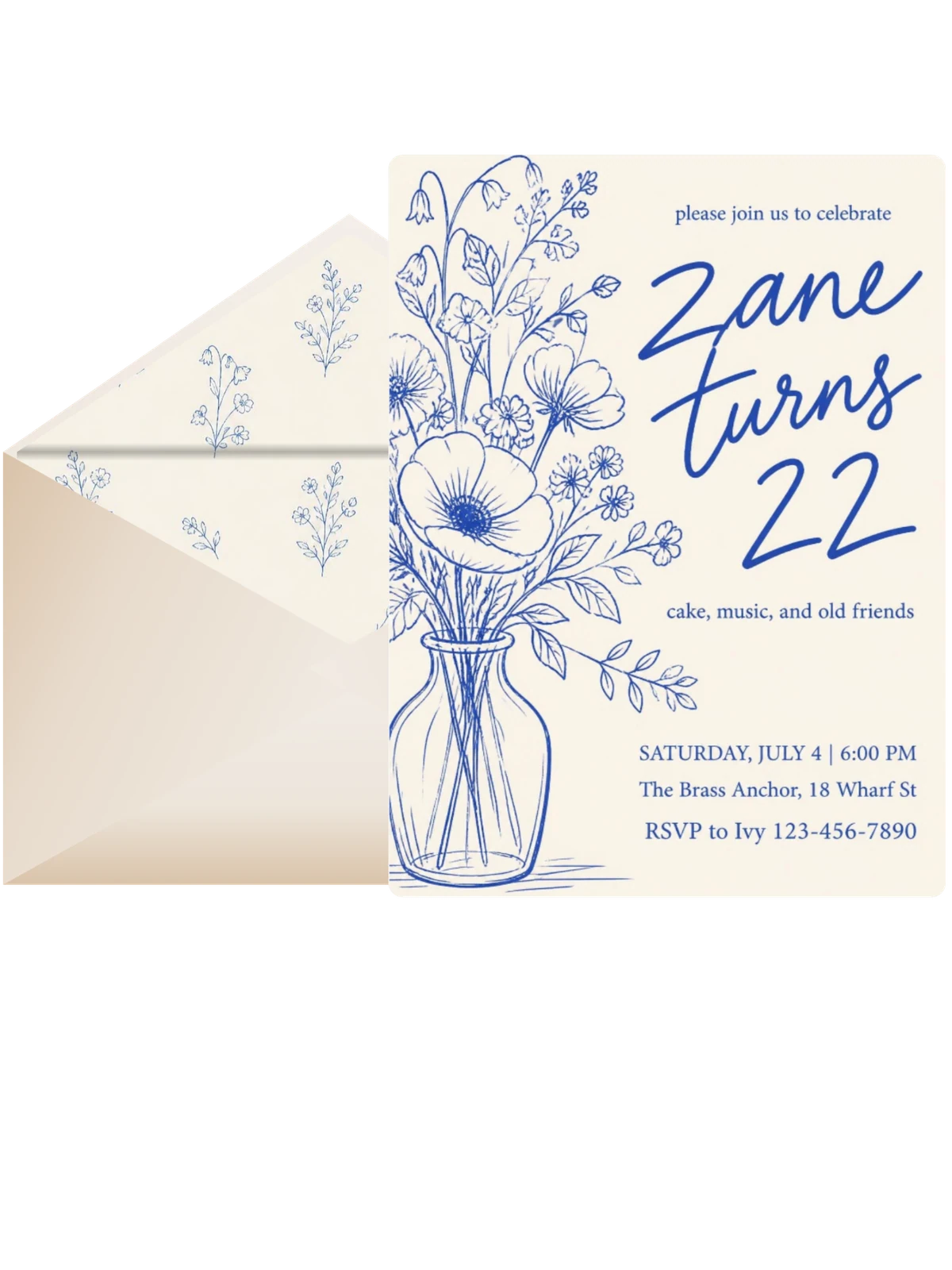Blue Botanical Line-Art 22nd Birthday Invitation