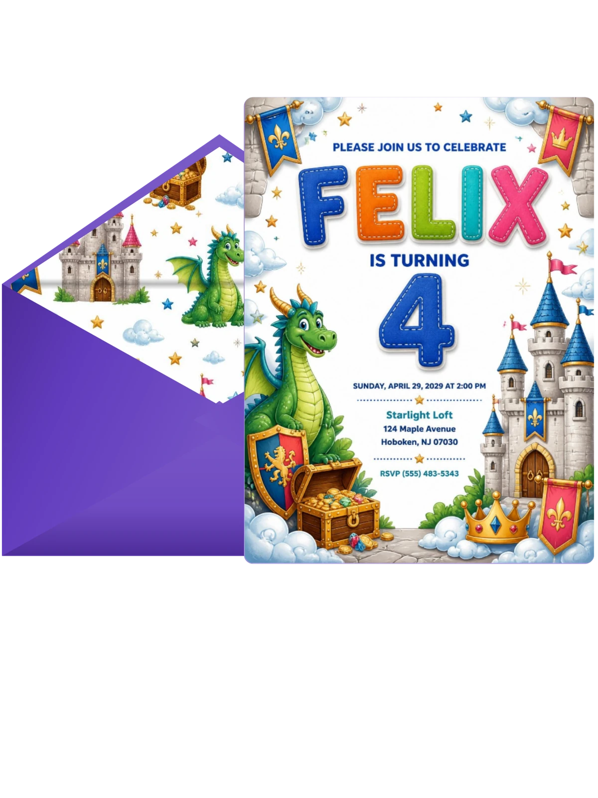 Stitched Dragon Castle 4th Birthday Invitation