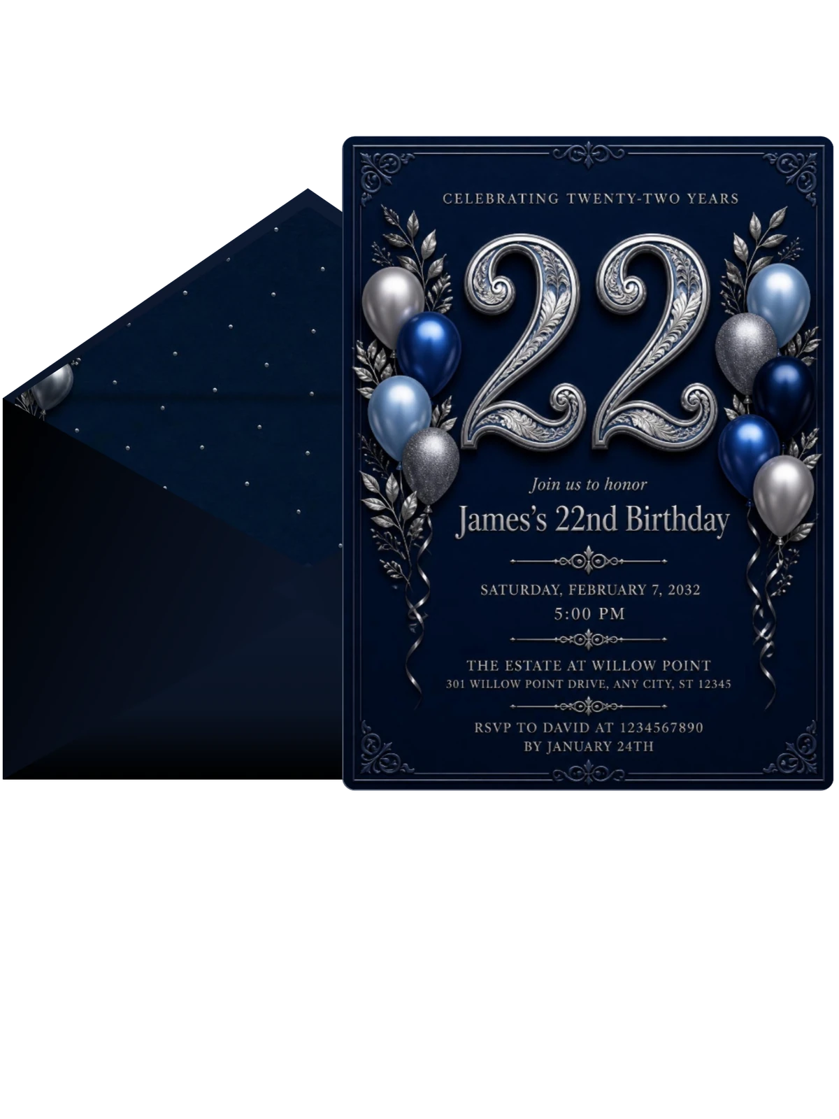 Navy and Silver 22nd Birthday Invitation