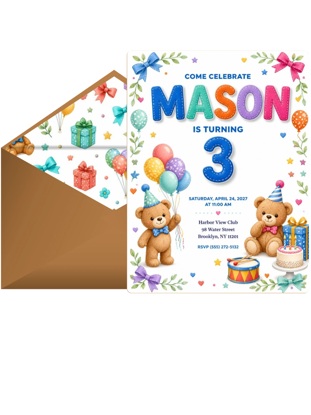 Stitched Teddy Bear 3rd Birthday Invitation