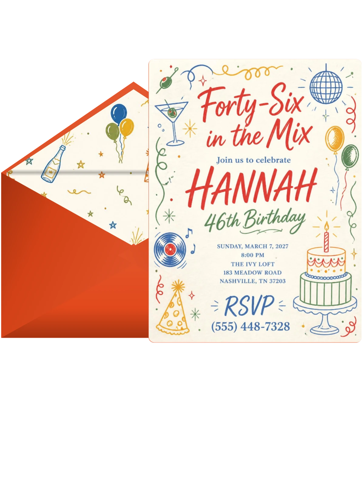 Retro Doodle 46th Birthday Invitation