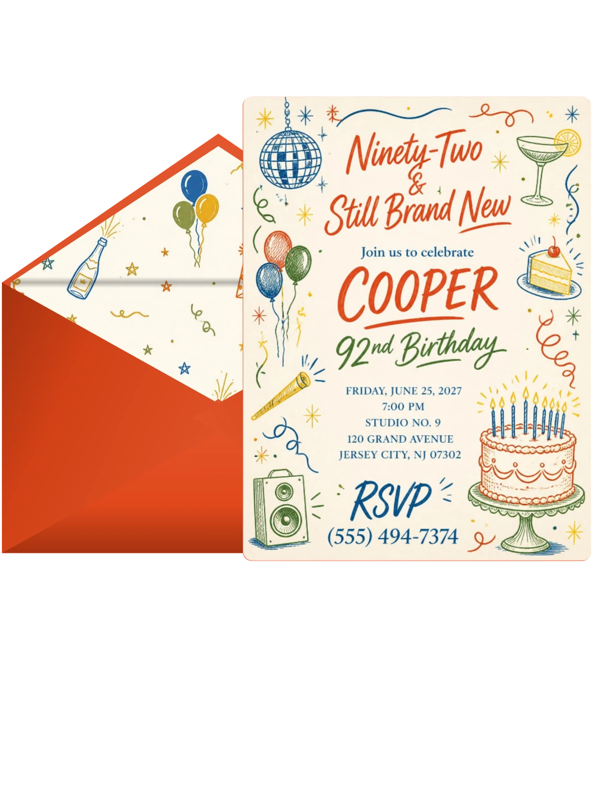 Retro Doodle 92nd Birthday Invitation