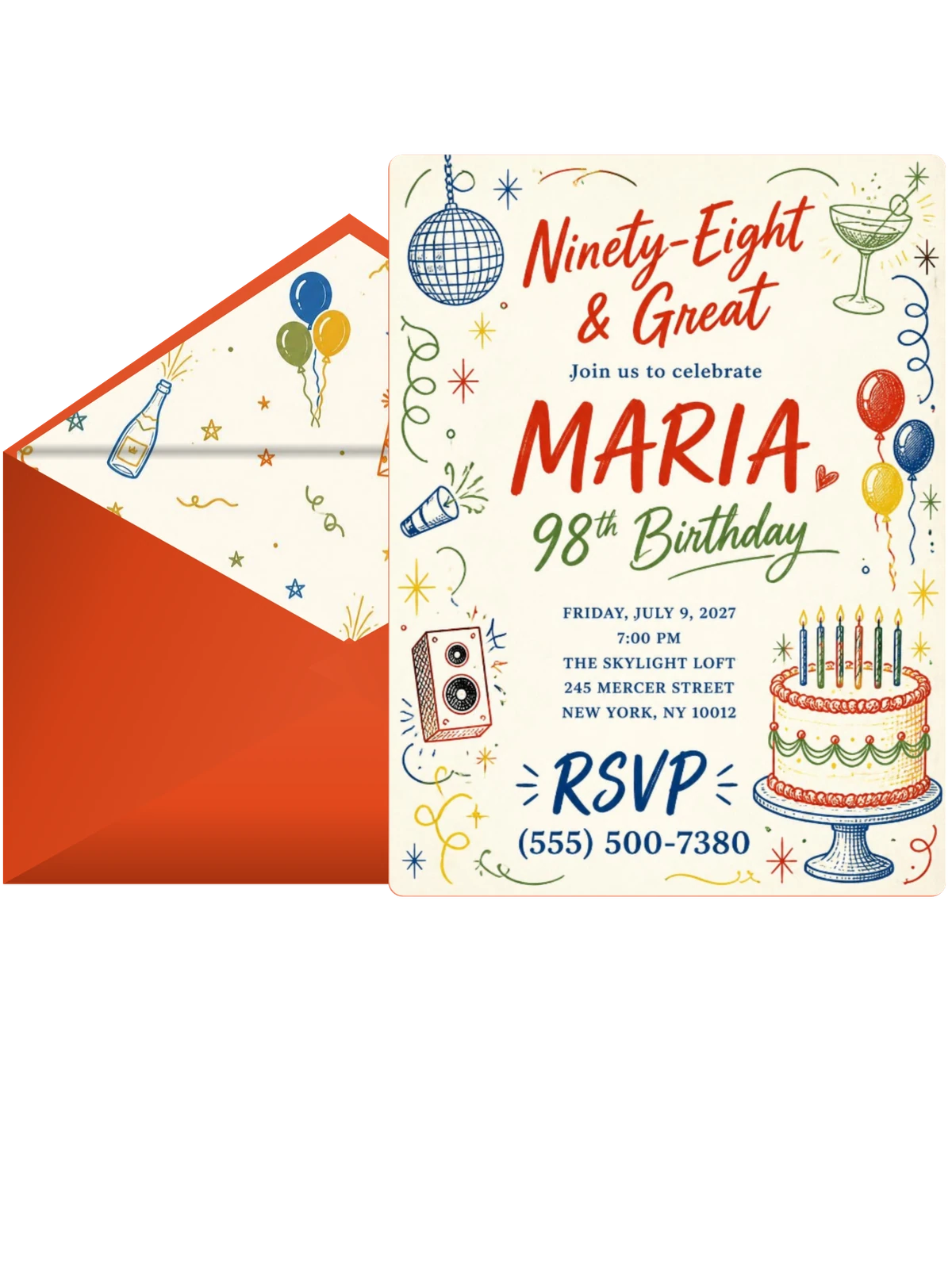 Retro Doodle 98th Birthday Invitation
