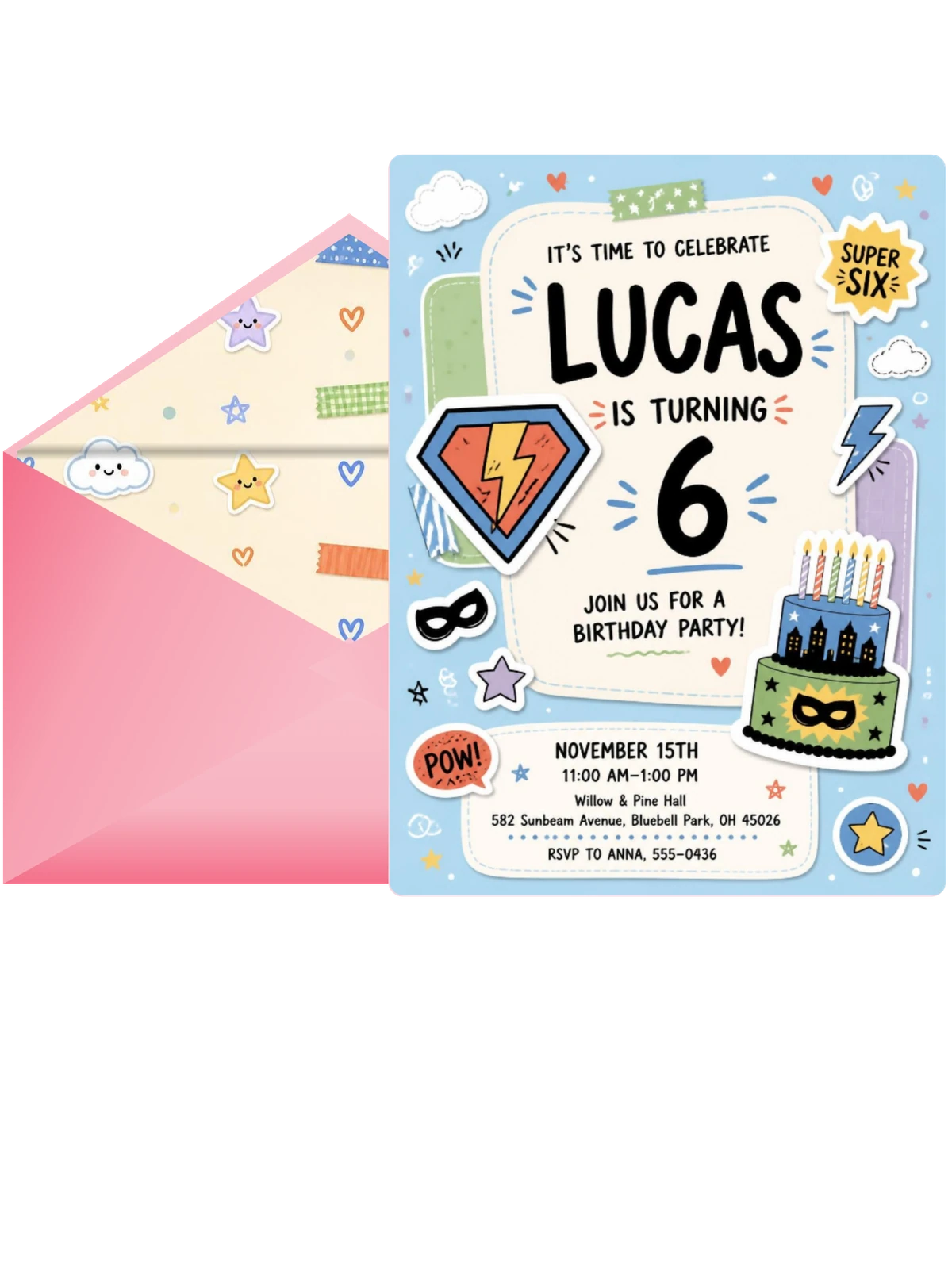 Superhero Emblem Pastel 6th Birthday Invitation