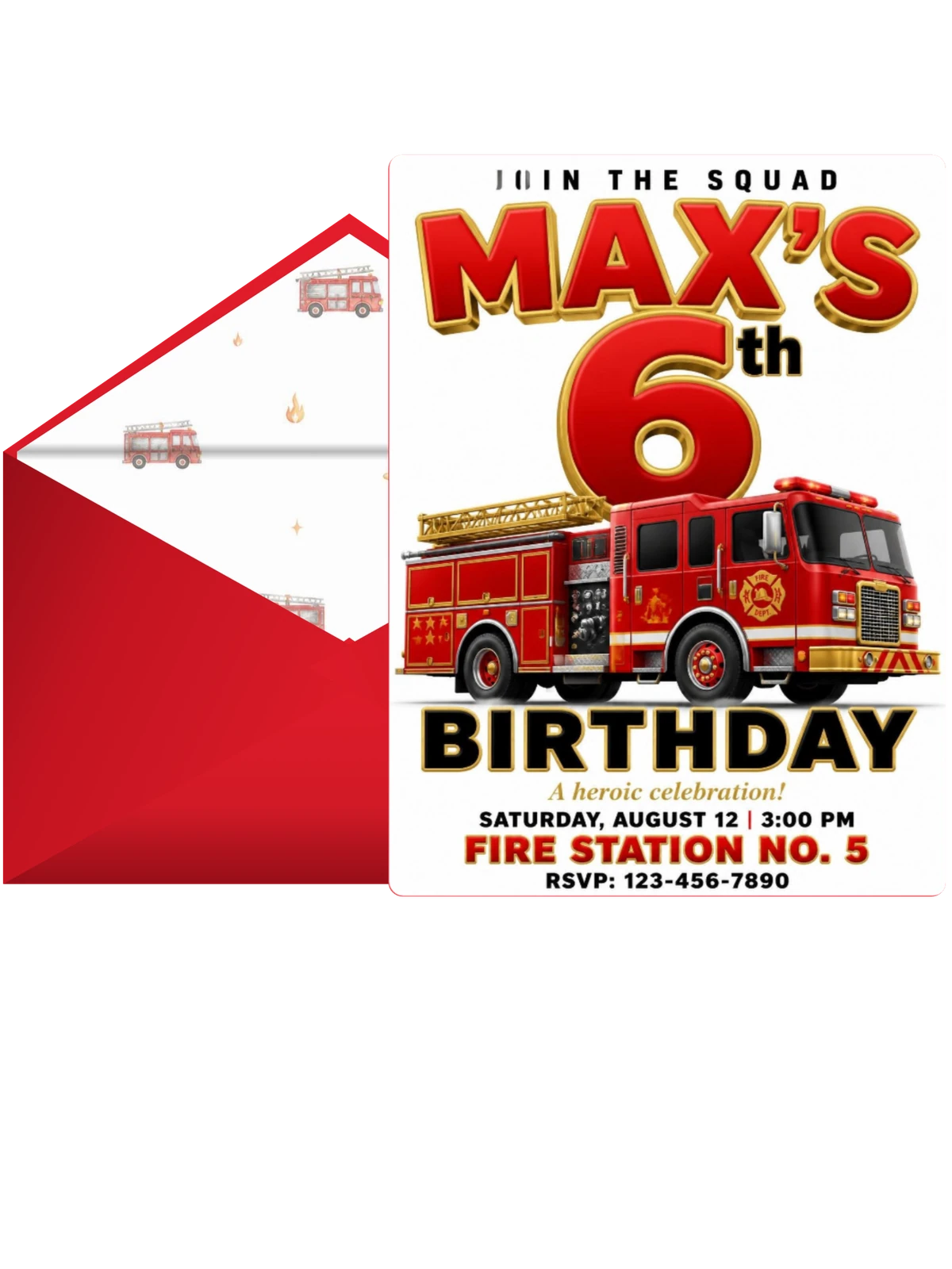 3D Fire Truck 6th Birthday Invitation