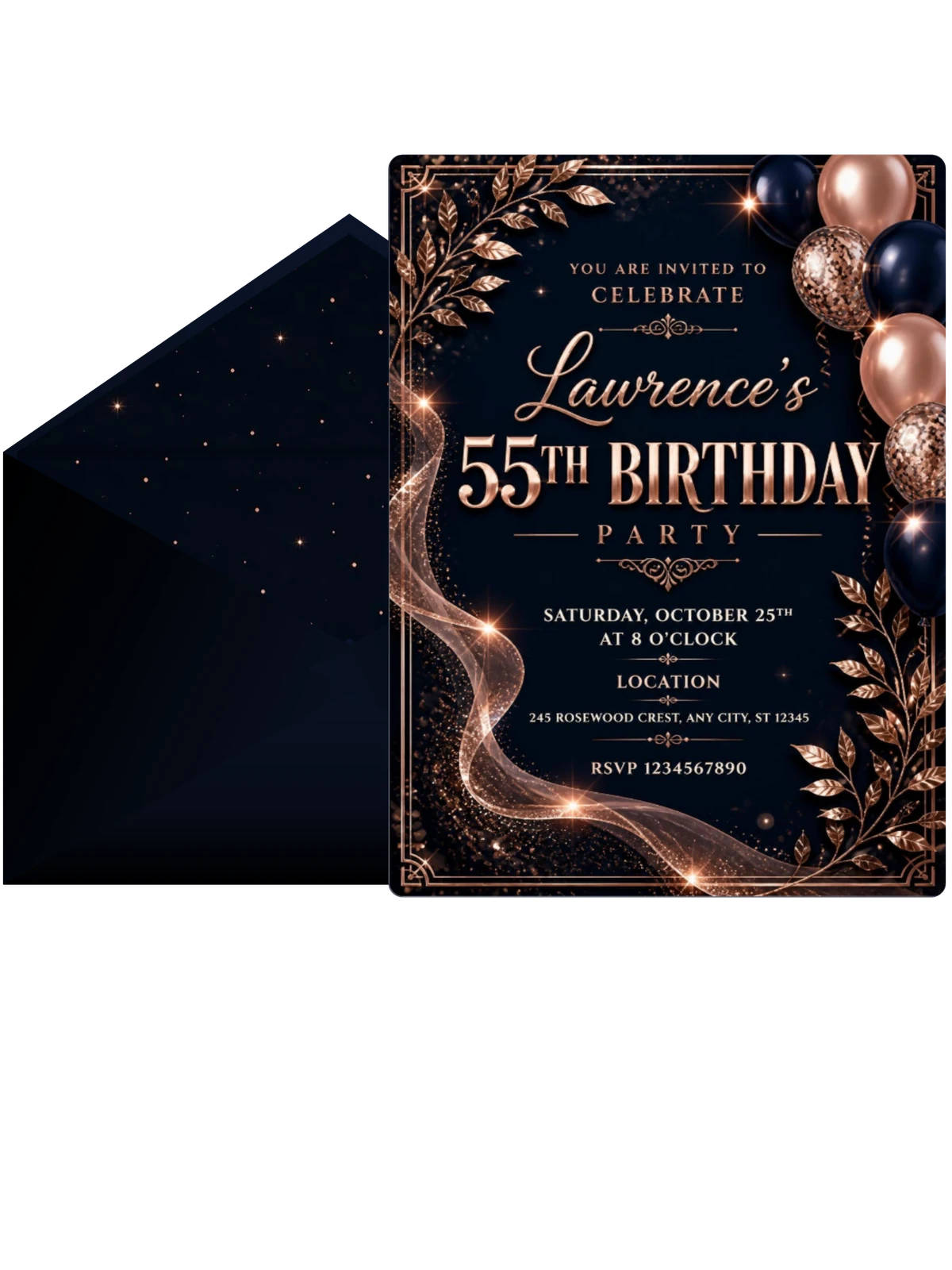 Navy and Rose Gold 55th Birthday Invitation