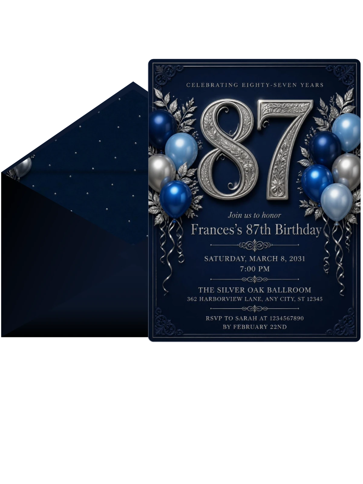 Navy and Silver 87th Birthday Invitation