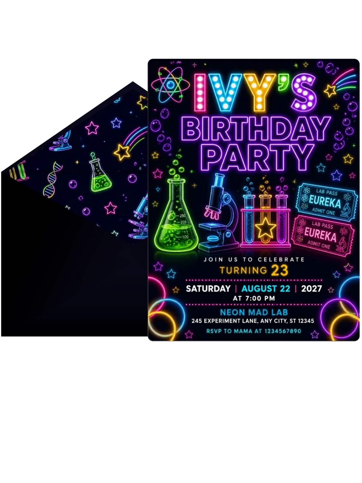 Neon Science Lab 23rd Birthday Invitation