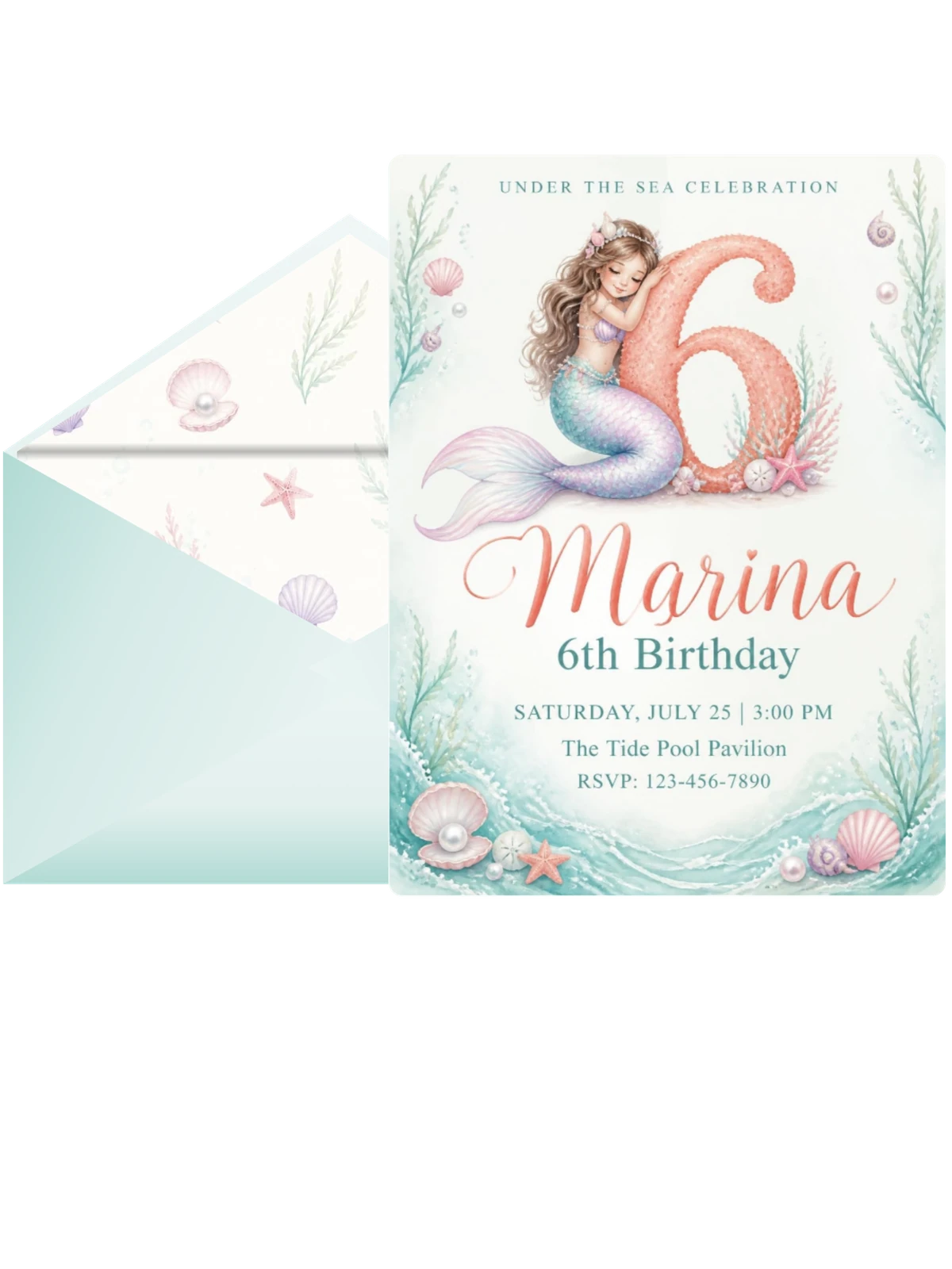Pastel Watercolor Mermaid 6th Birthday Invitation